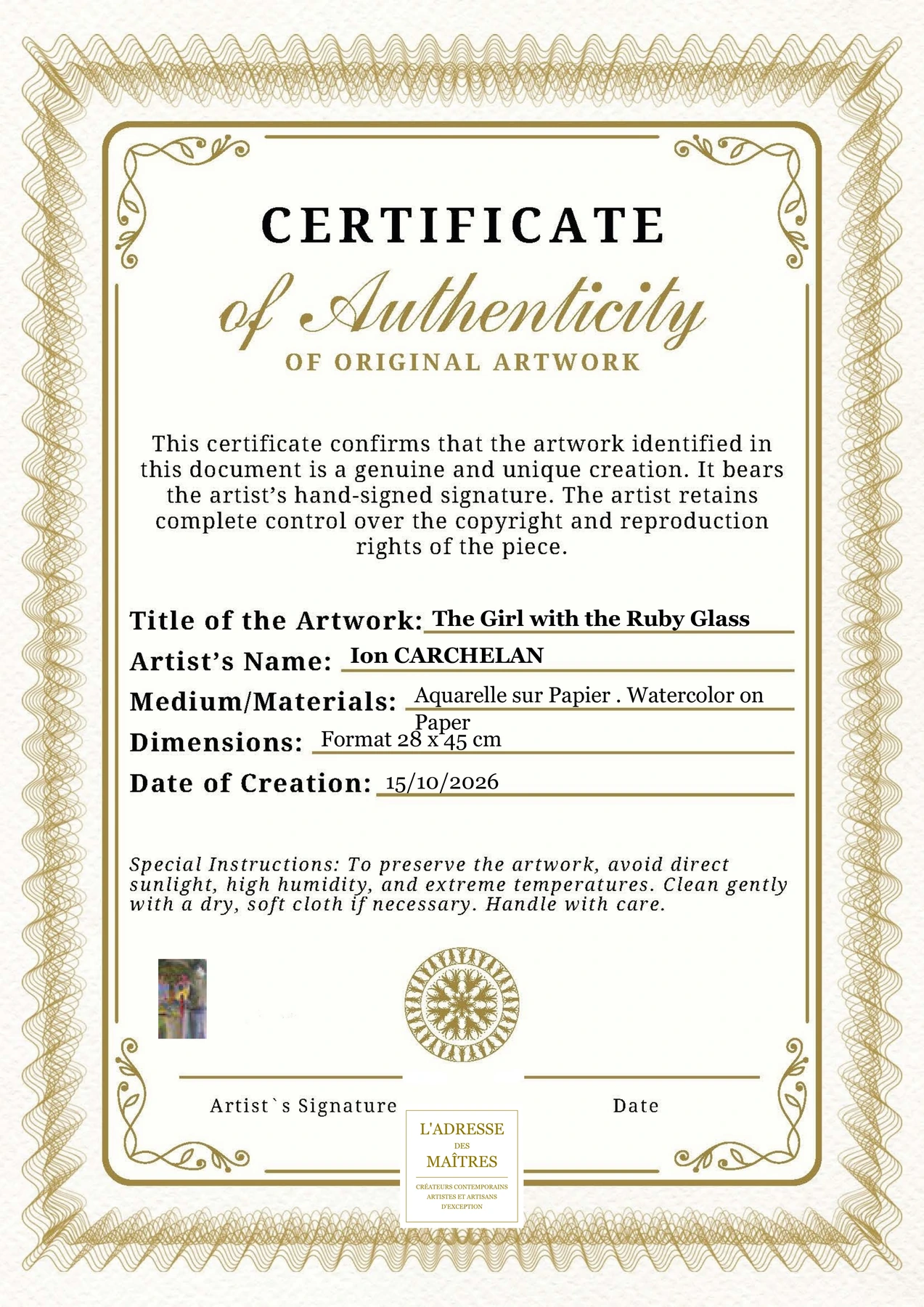 Certificat d'authenticité - The Girl with the Ruby Glass - Ion CARCHELAN