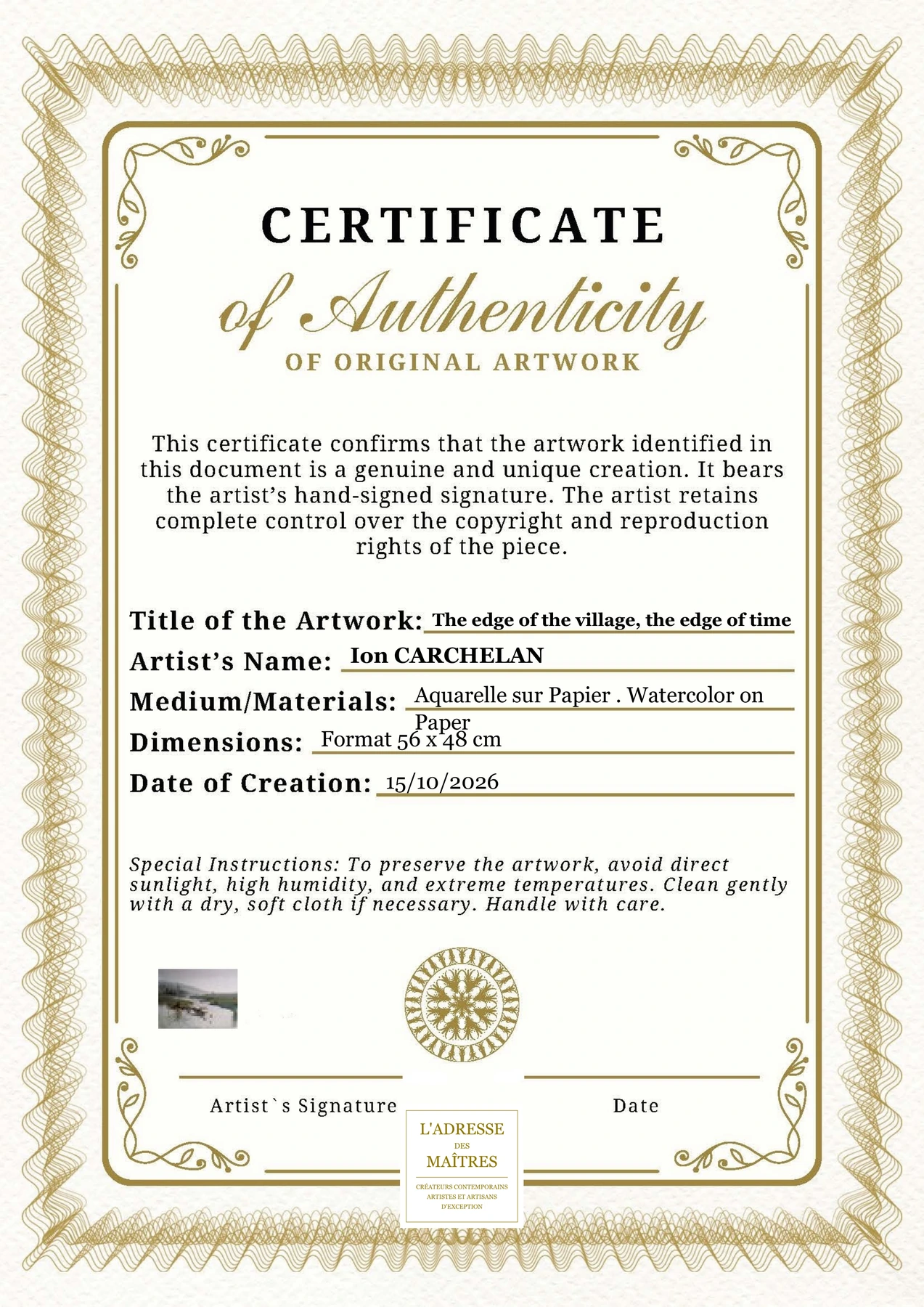 Certificat d'authenticité - The edge of the village, the edge of time - Ion CARCHELAN