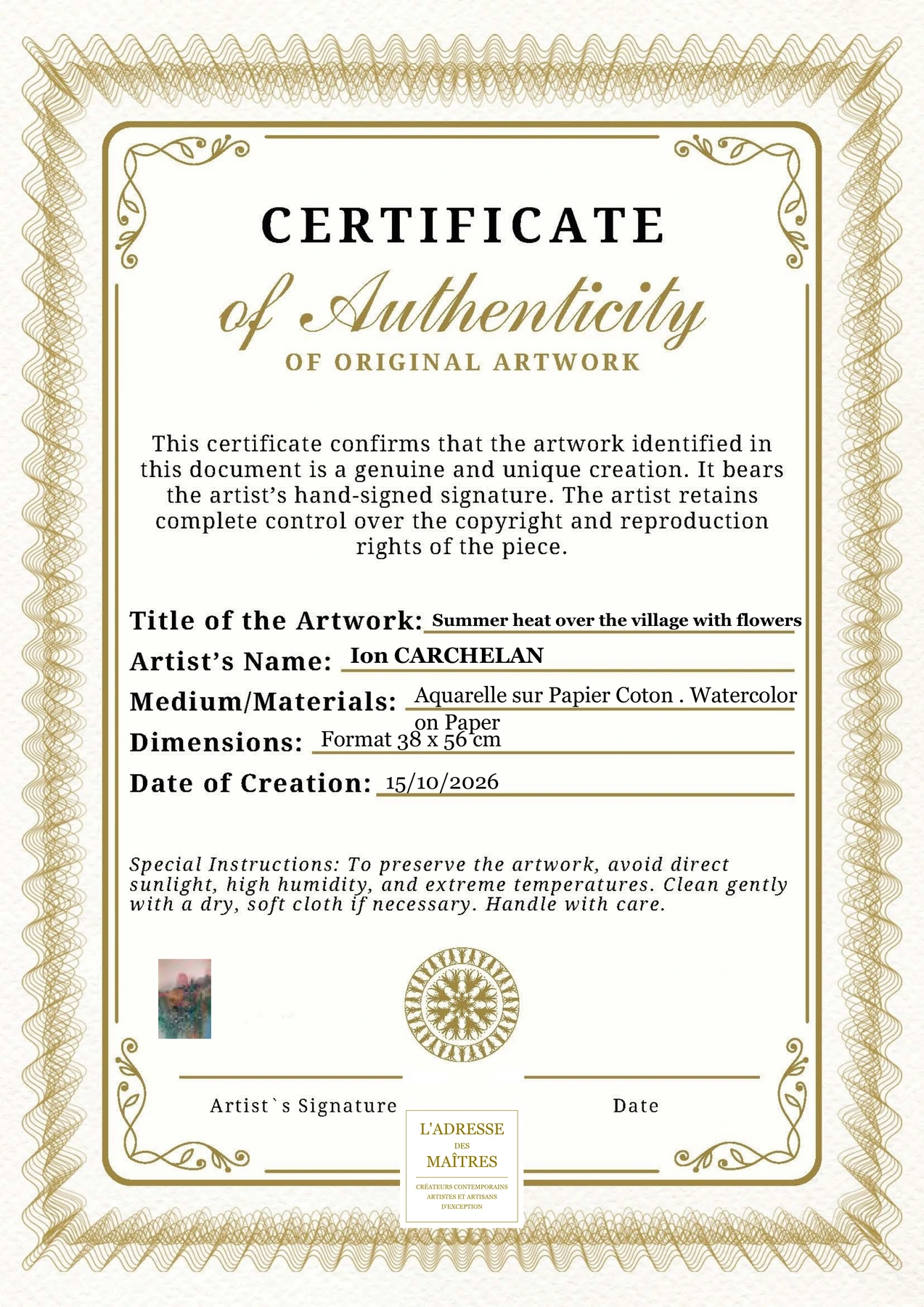 Certificat d'authenticité - Summer heat over the village with flowers - Ion CARCHELAN
