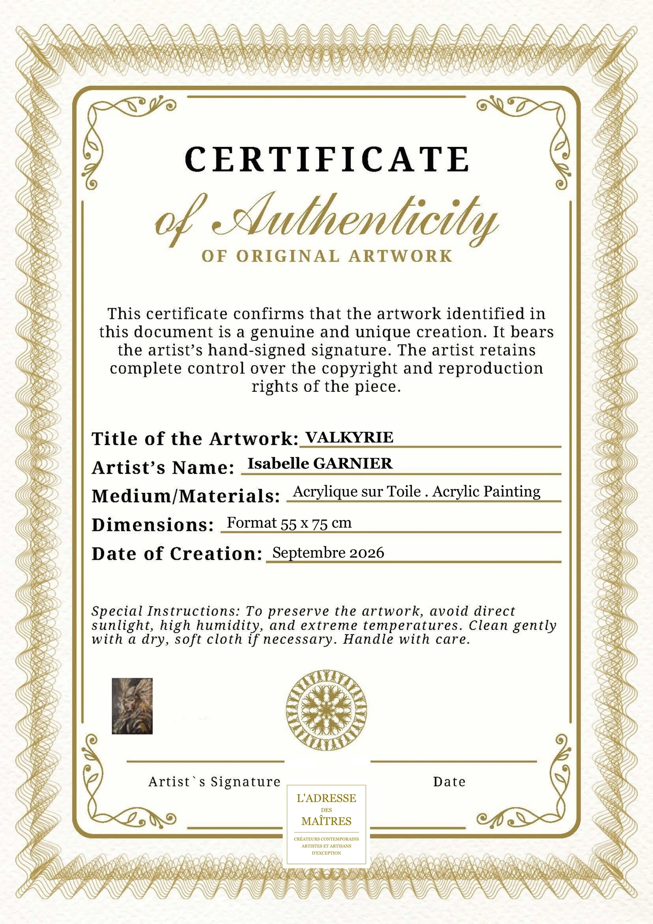 Certificat d'authenticité - VALKYRIE - Isabelle GARNIER