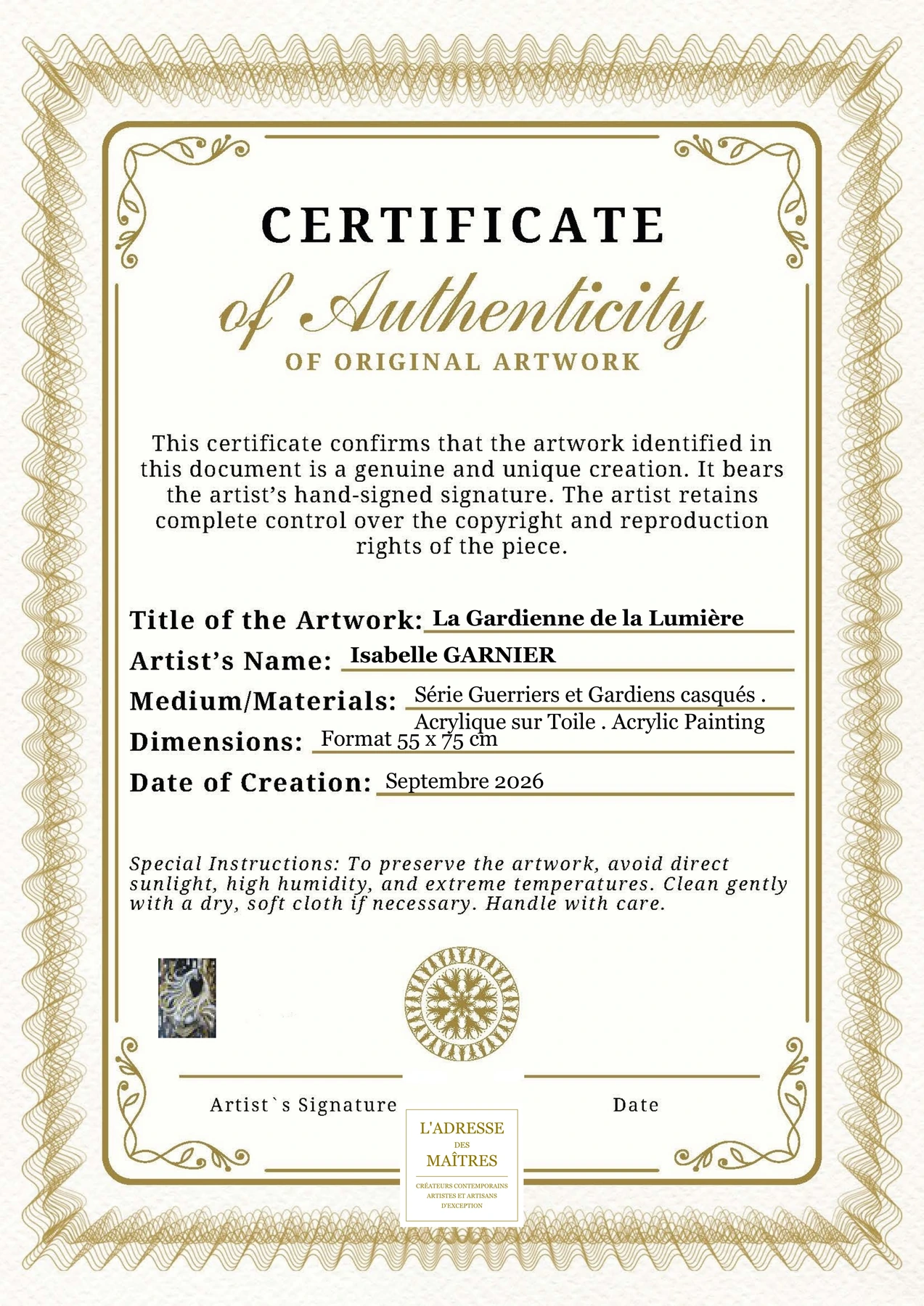 Certificat d'authenticité - La Gardienne de la Lumière - Isabelle GARNIER