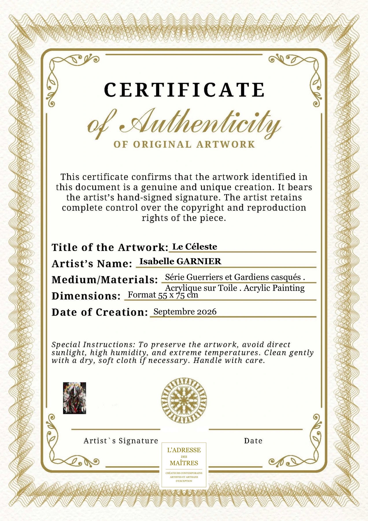 Certificat d'authenticité - Le Céleste - Isabelle GARNIER