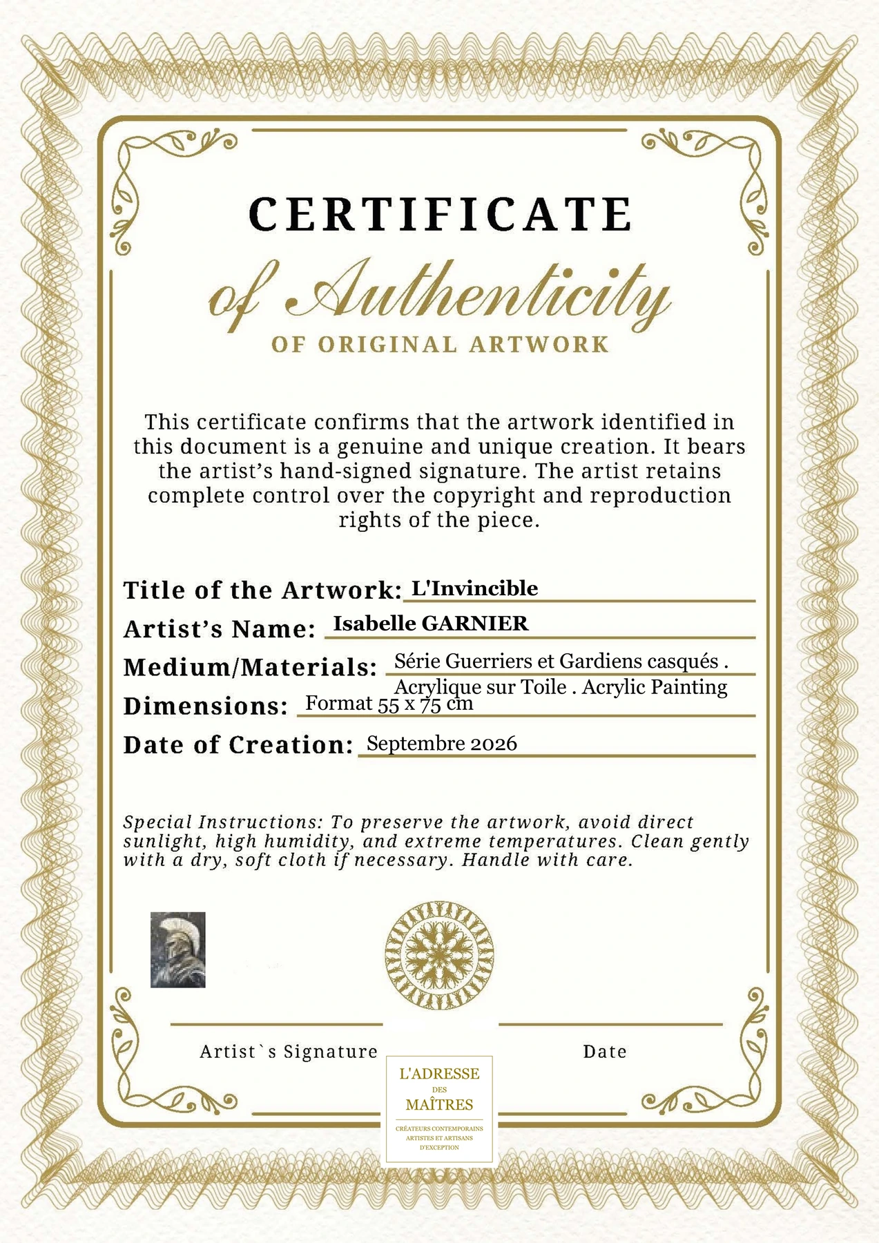 Certificat d'authenticité - L'Invincible - Isabelle GARNIER