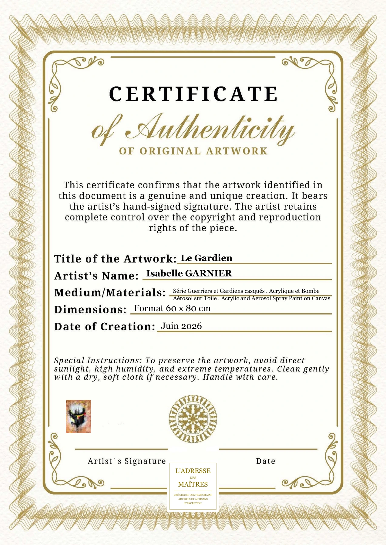 Certificat d'authenticité - Le Gardien - Isabelle GARNIER