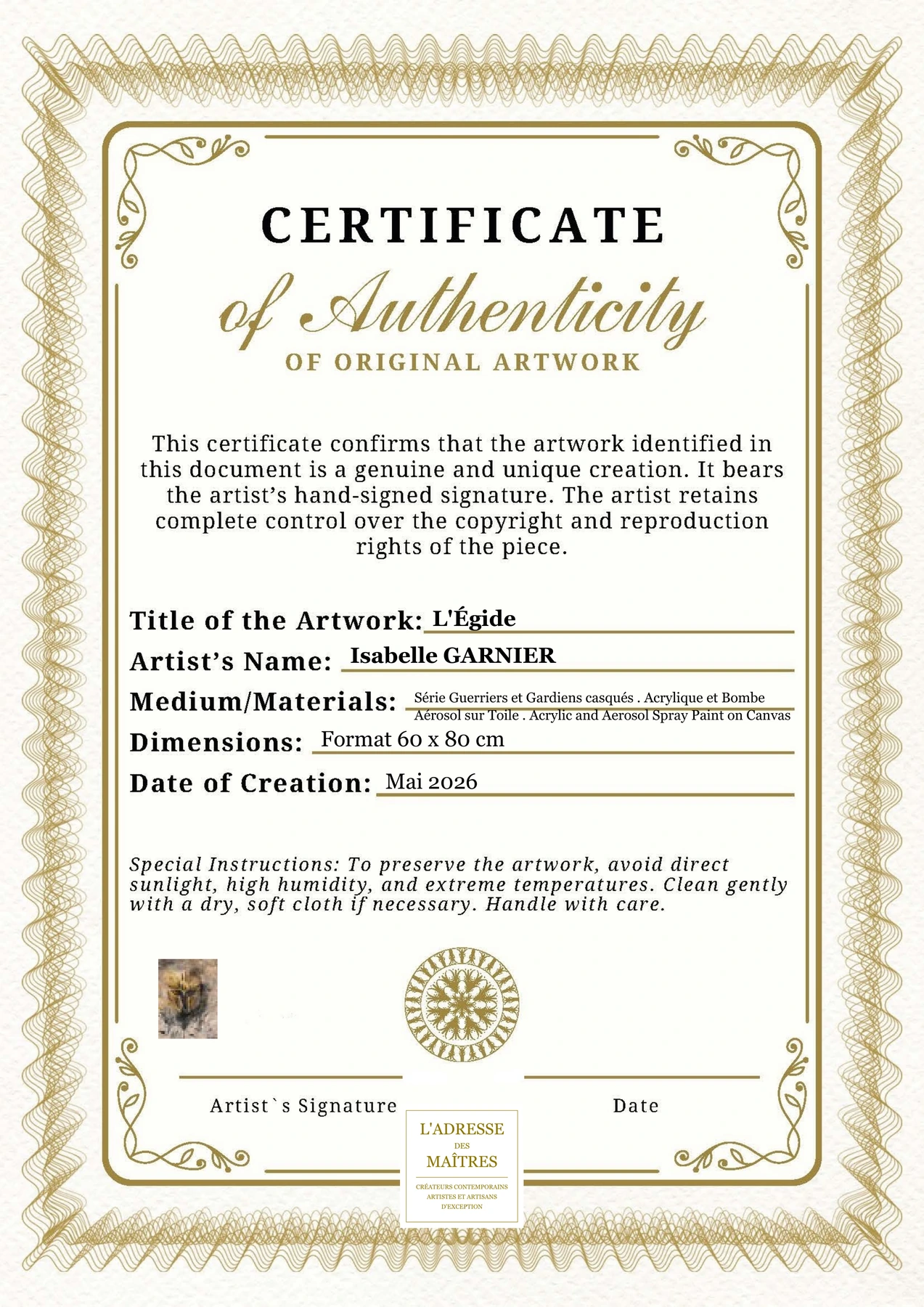 Certificat d'authenticité - L'Égide - Isabelle GARNIER