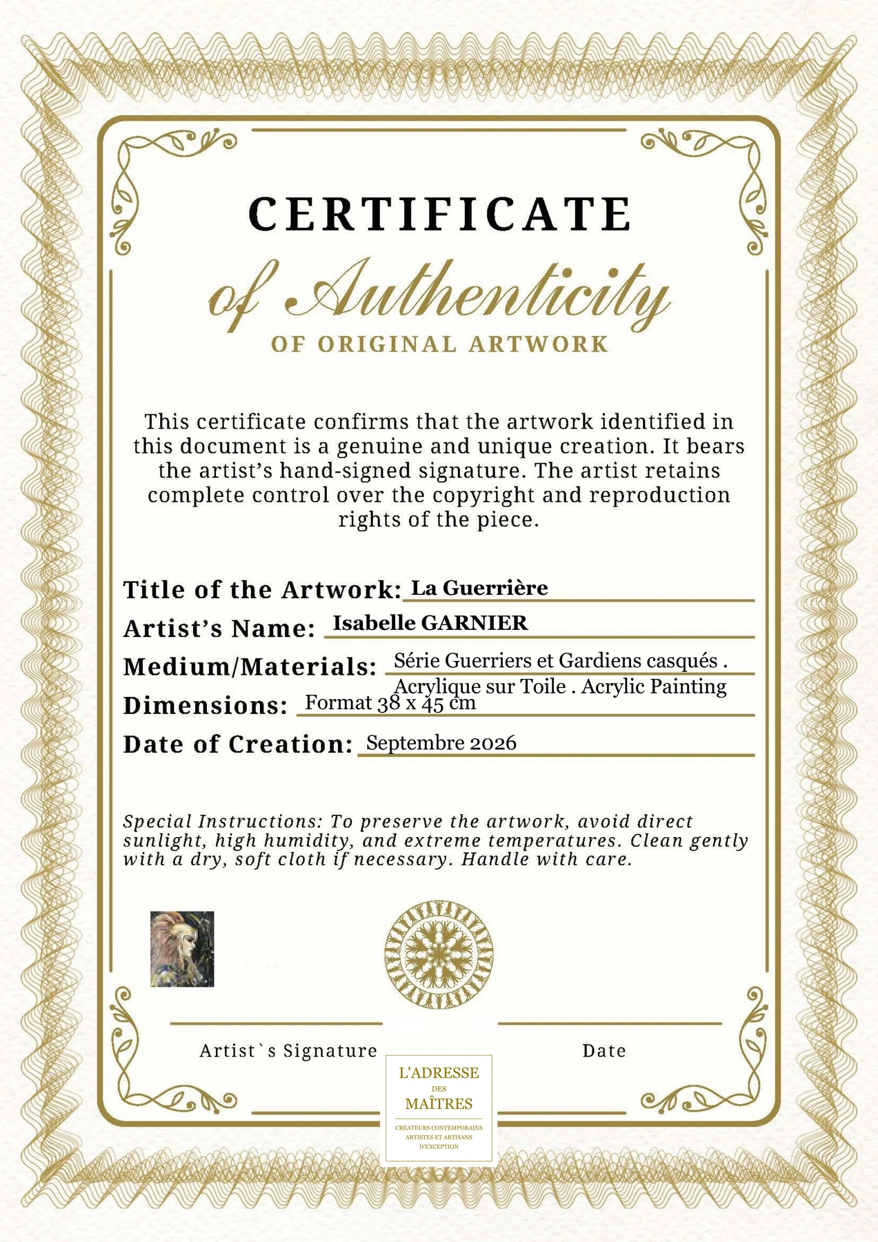 Certificat d'authenticité - La Guerrière - Isabelle GARNIER