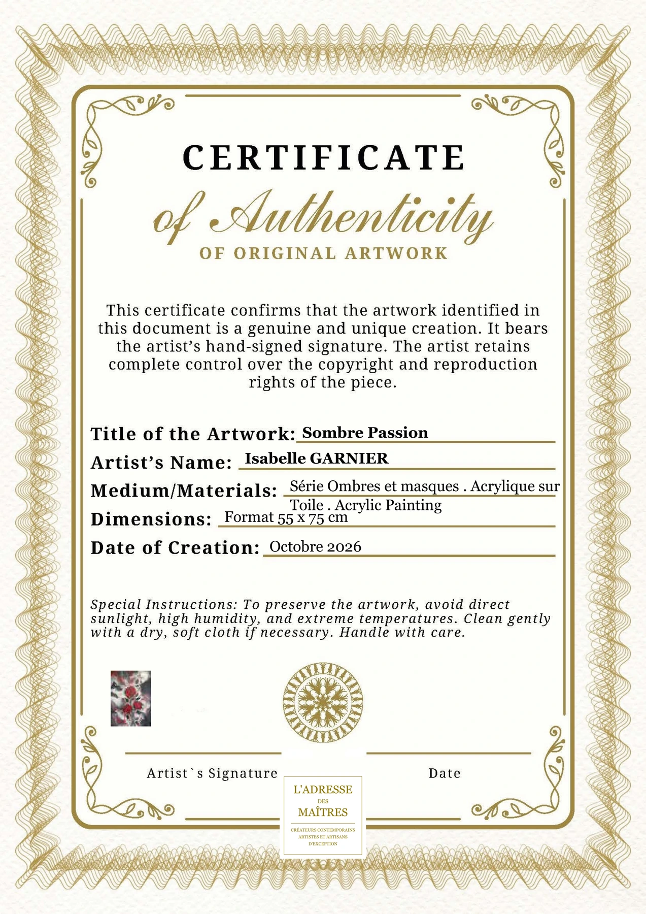 Certificat d'authenticité - Sombre Passion - Isabelle GARNIER