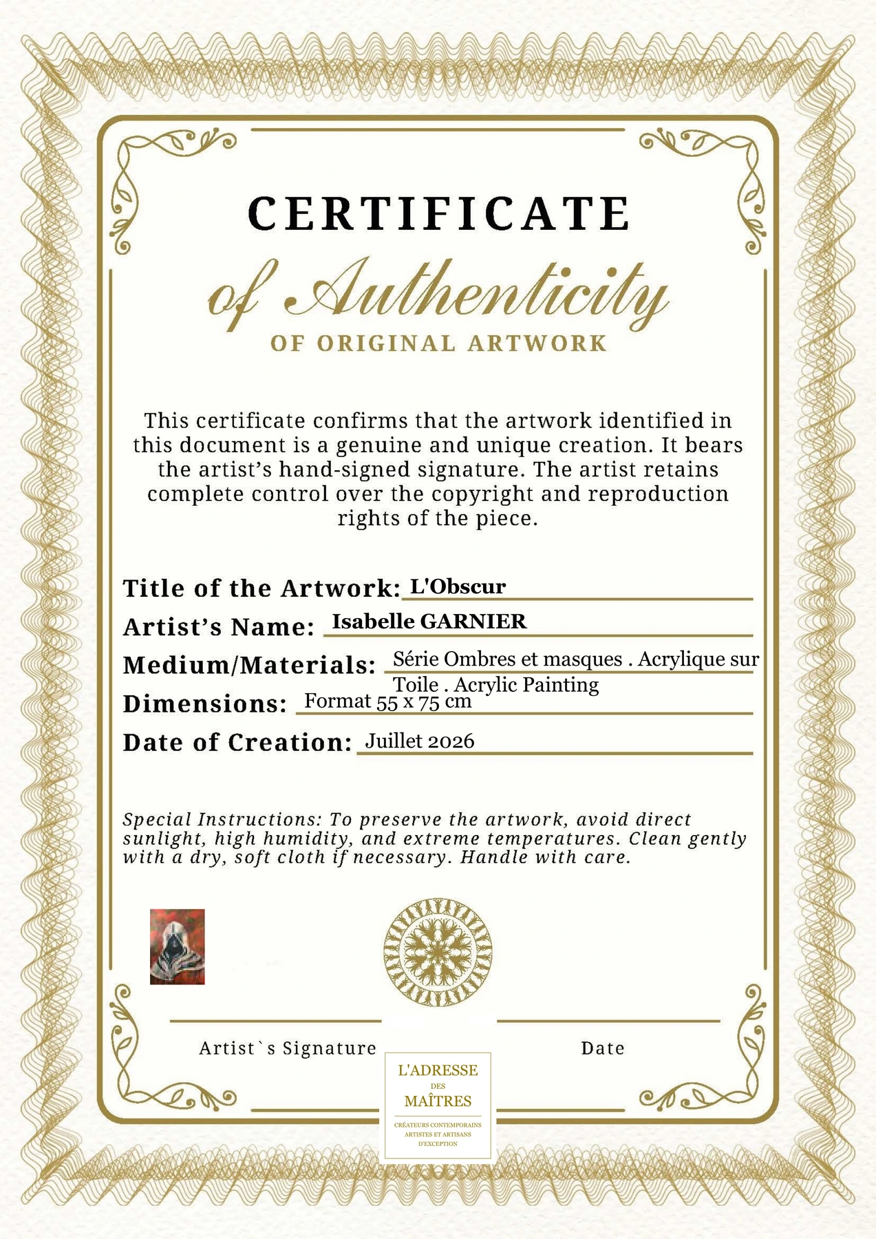 Certificat d'authenticité - L'Obscur - Isabelle GARNIER