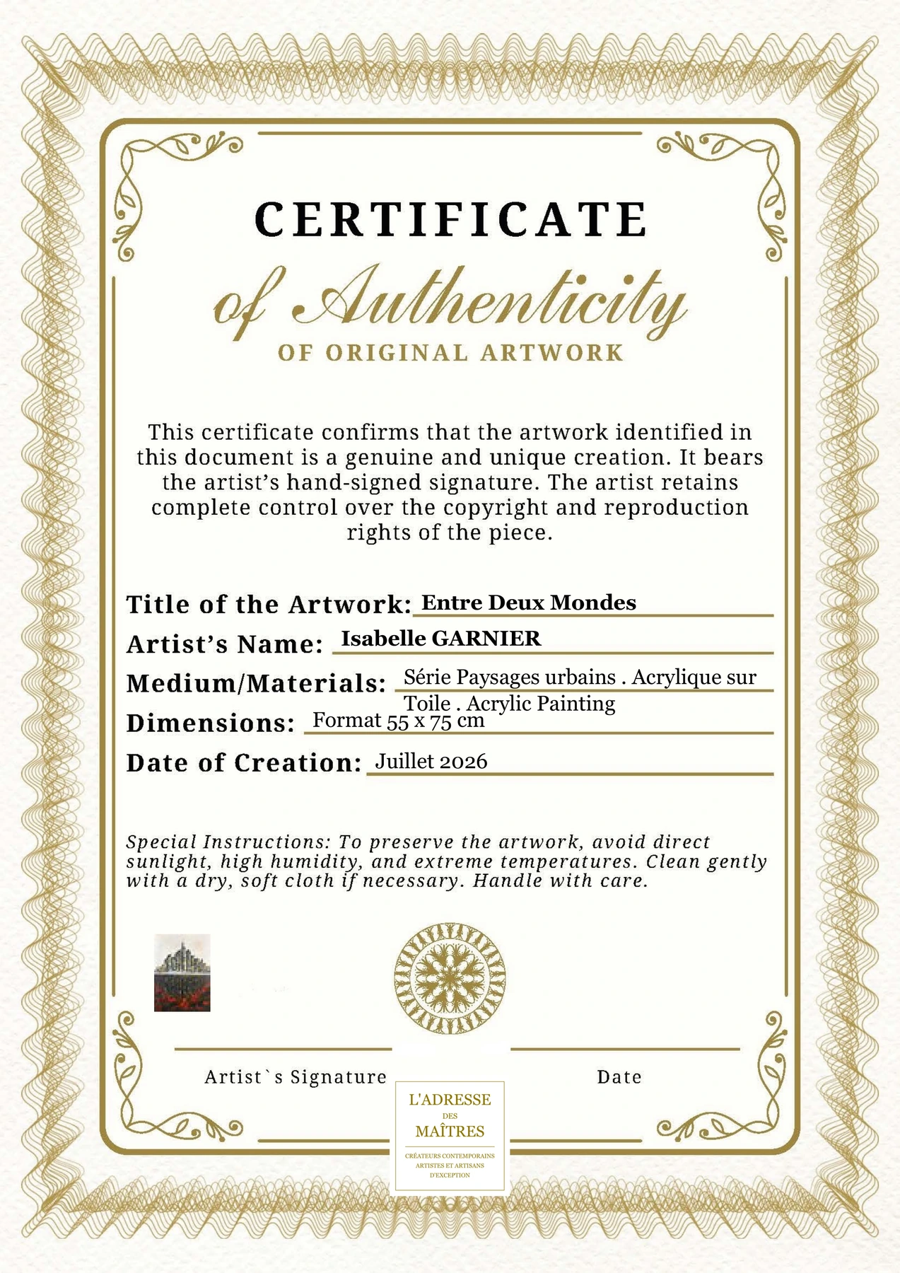 Certificat d'authenticité - Entre Deux Mondes - Isabelle GARNIER