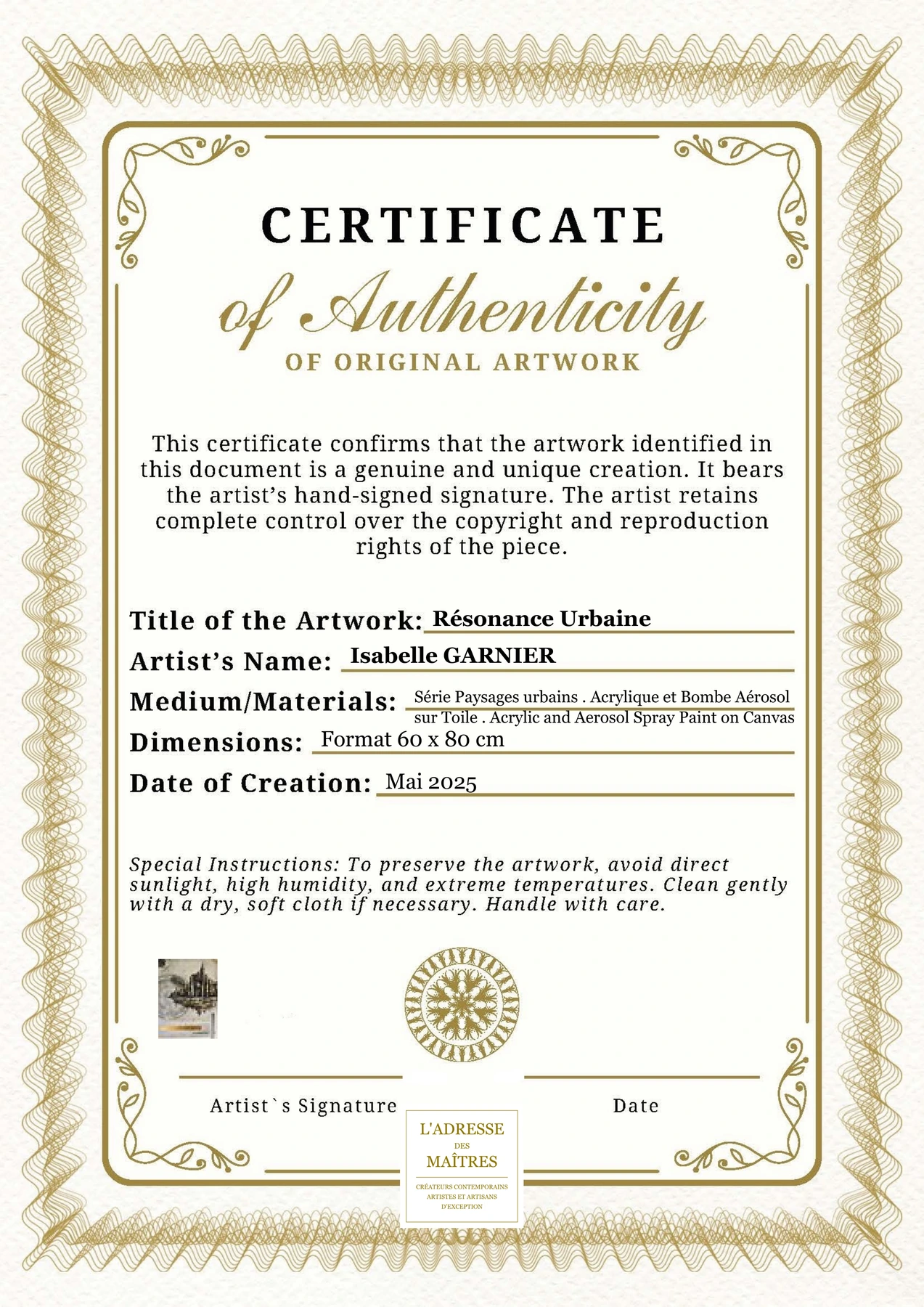 Certificat d'authenticité - Résonance Urbaine - Isabelle GARNIER