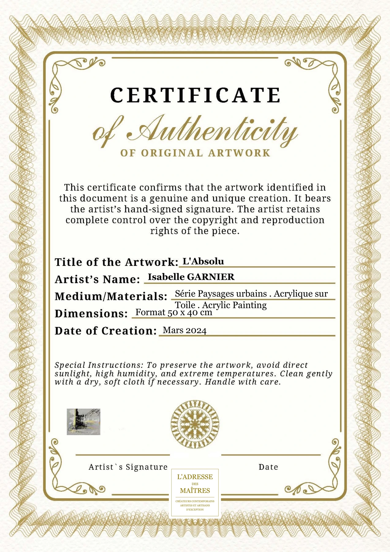 Certificat d'authenticité - L'Absolu - Isabelle GARNIER