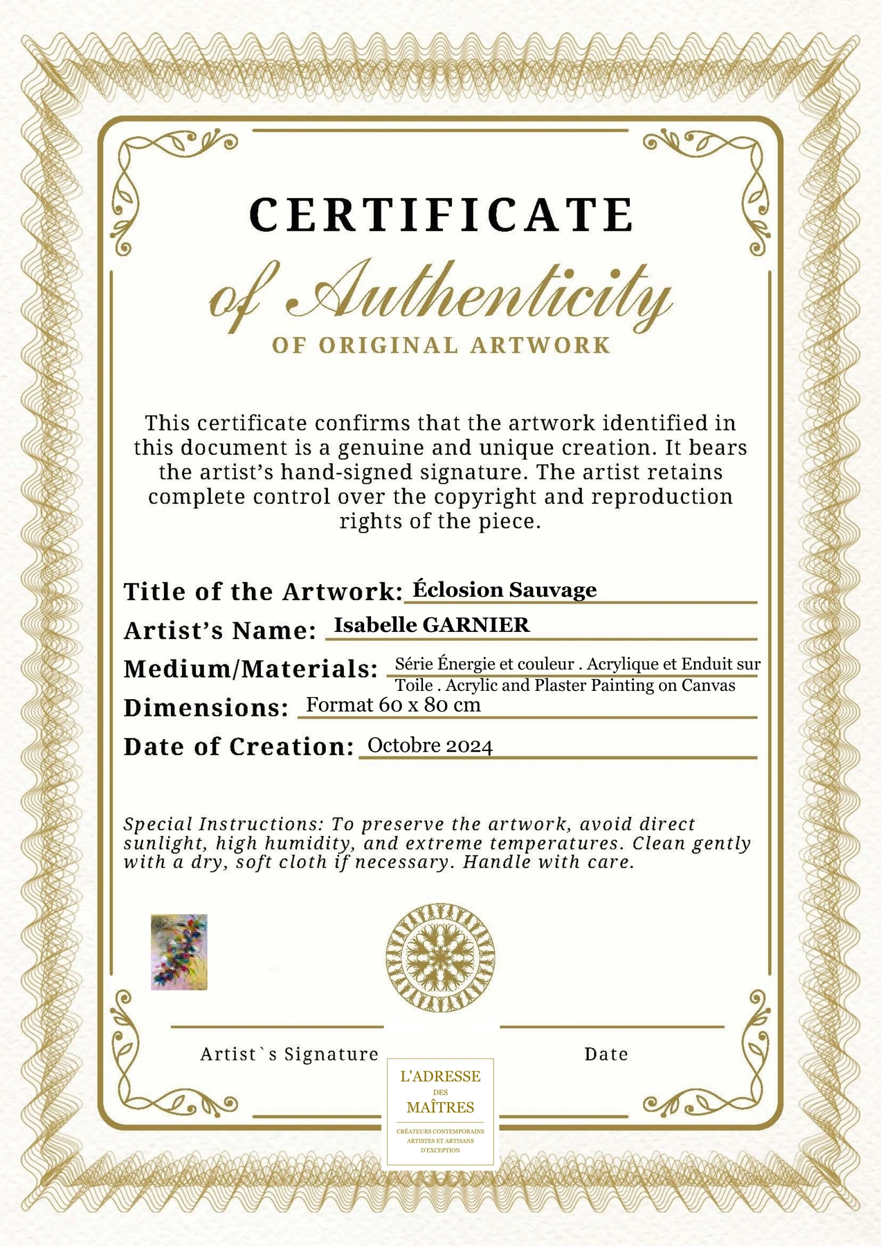 Certificat d'authenticité - Éclosion Sauvage - Isabelle GARNIER