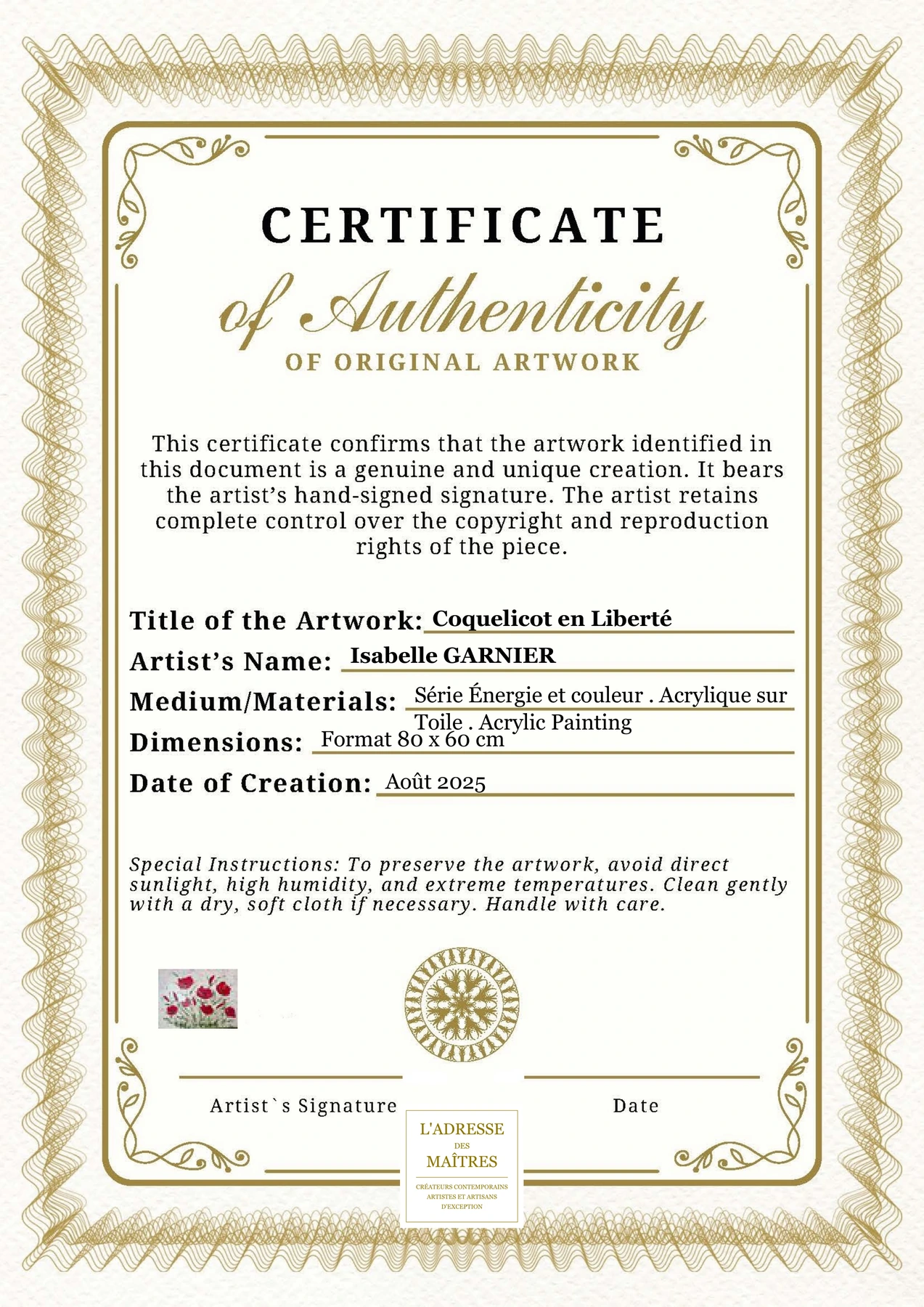 Certificat d'authenticité - Coquelicot en Liberté - Isabelle GARNIER