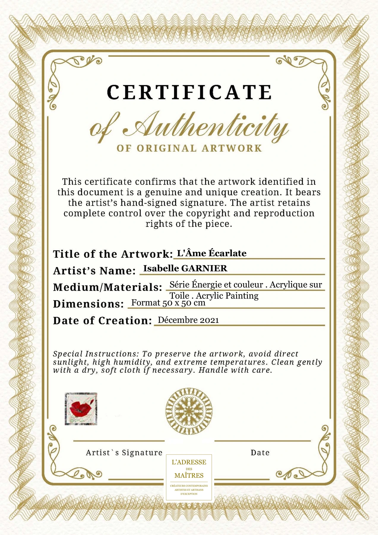 Certificat d'authenticité - L'Âme Écarlate - Isabelle GARNIER