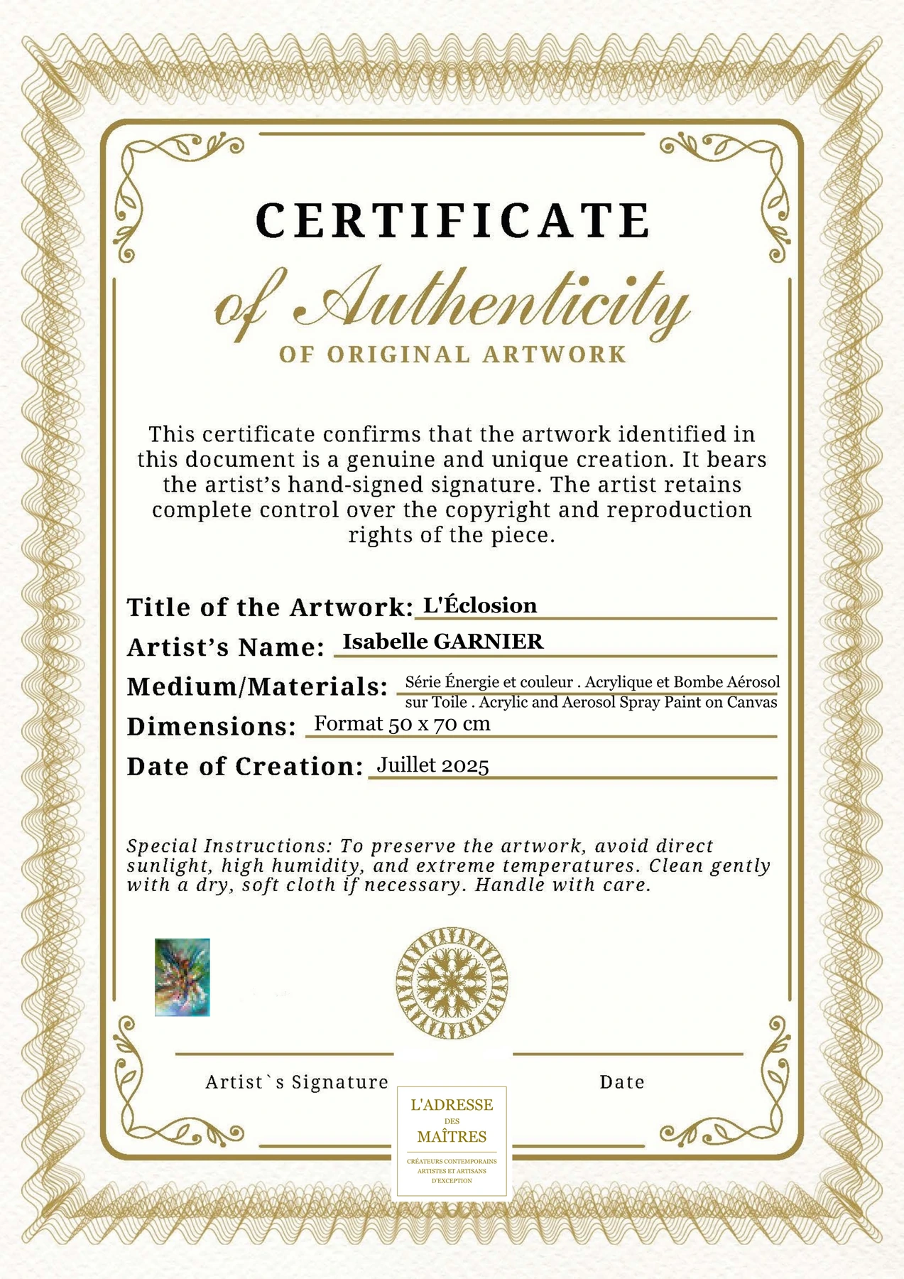 Certificat d'authenticité - L'Éclosion - Isabelle GARNIER