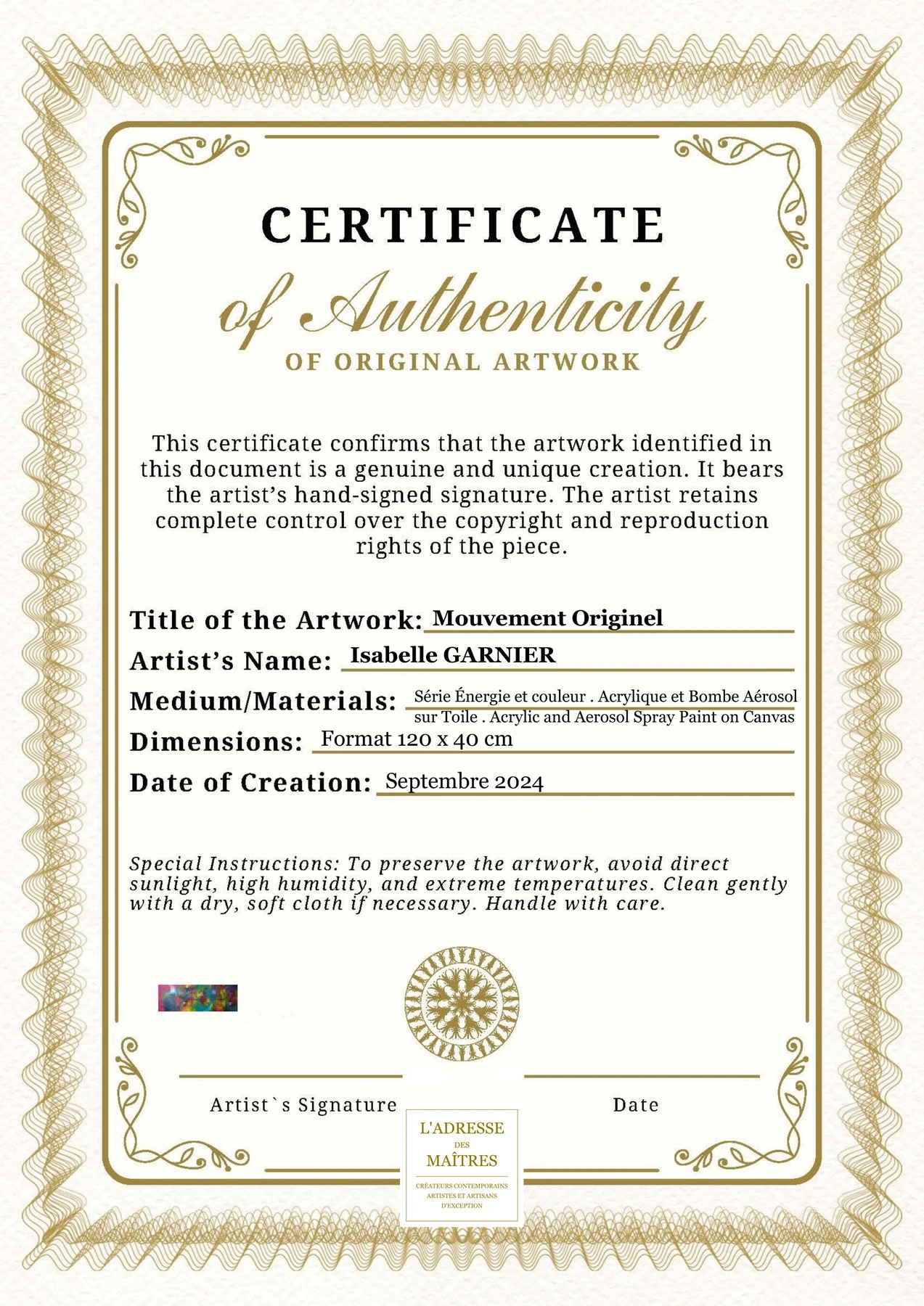 Certificat d'authenticité - Mouvement Originel - Isabelle GARNIER