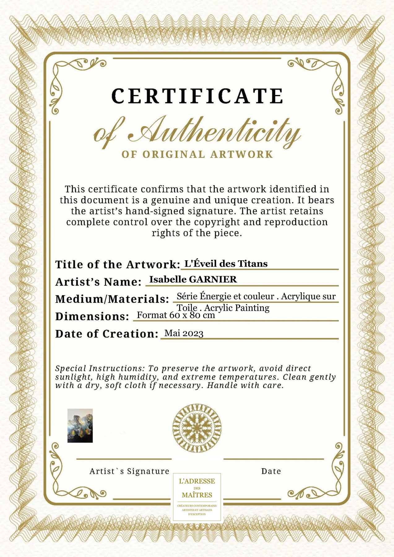 Certificat d'authenticité - L'Éveil des Titans - Isabelle GARNIER