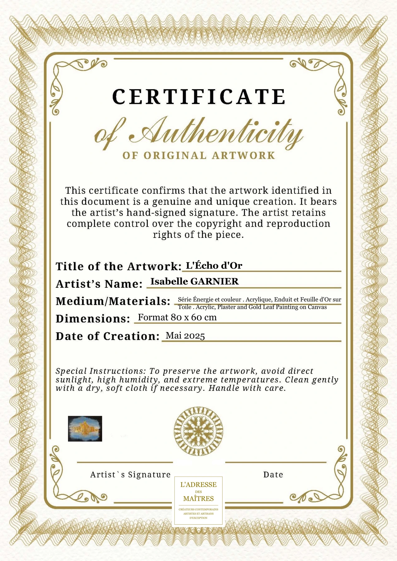Certificat d'authenticité - L'Écho d'Or - Isabelle GARNIER