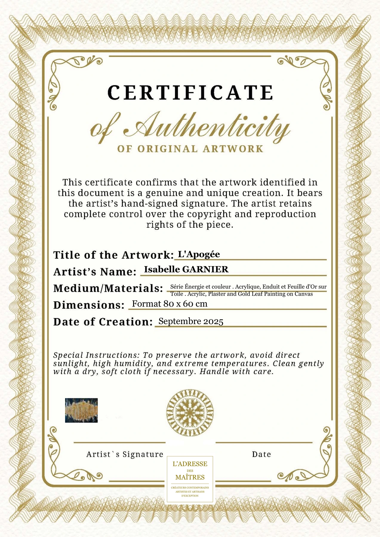 Certificat d'authenticité - L'Apogée - Isabelle GARNIER