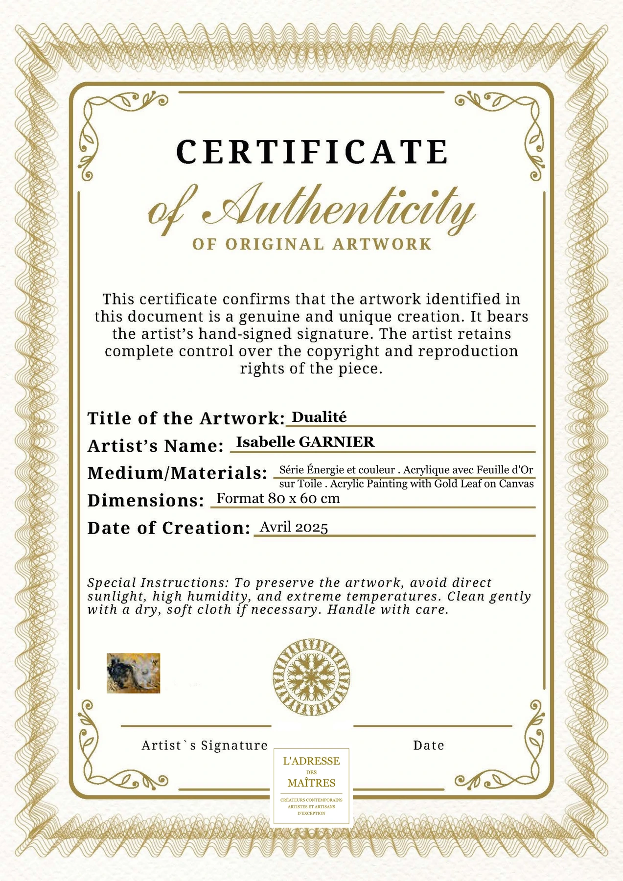 Certificat d'authenticité - Dualité - Isabelle GARNIER