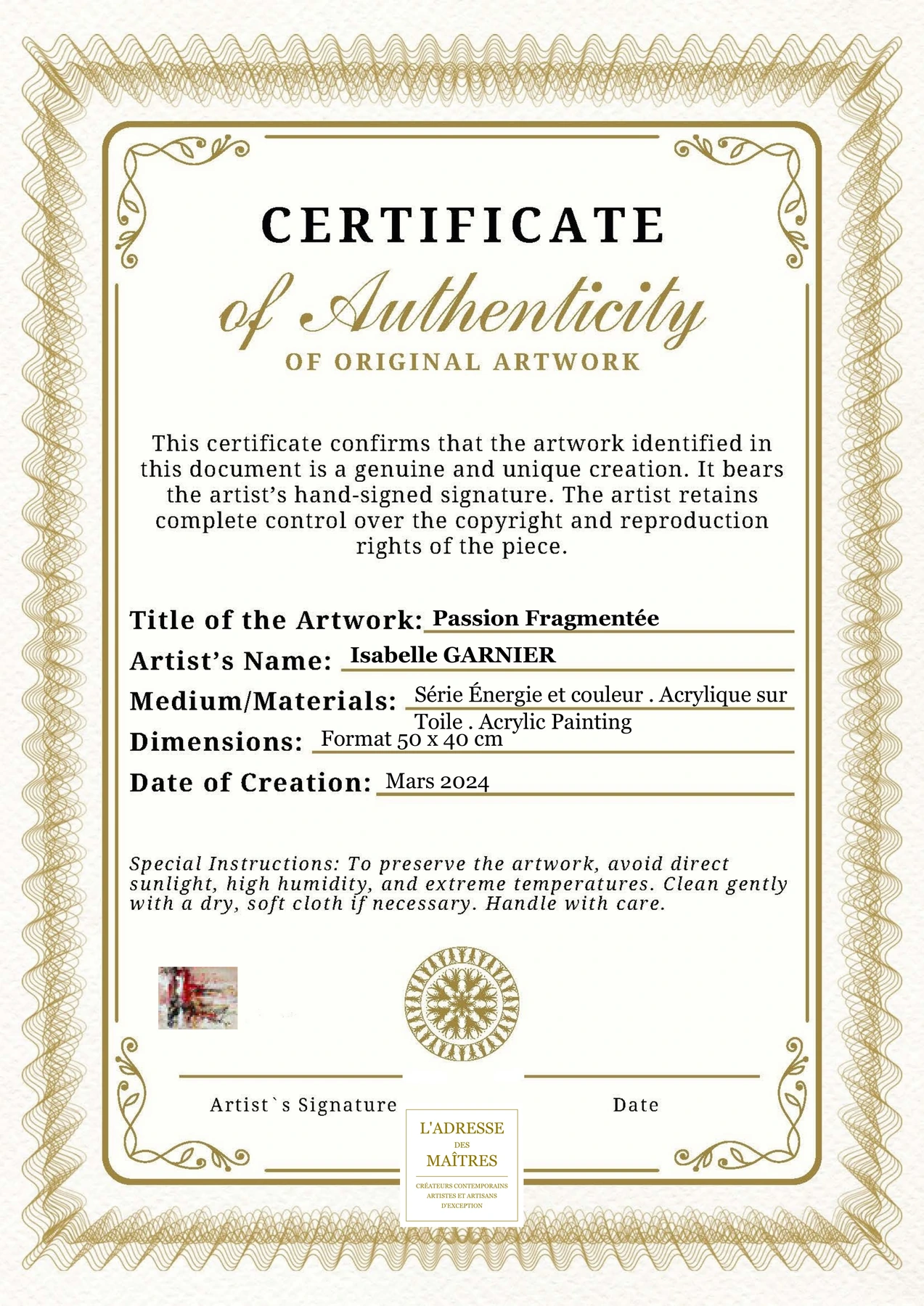Certificat d'authenticité - Passion Fragmentée - Isabelle GARNIER