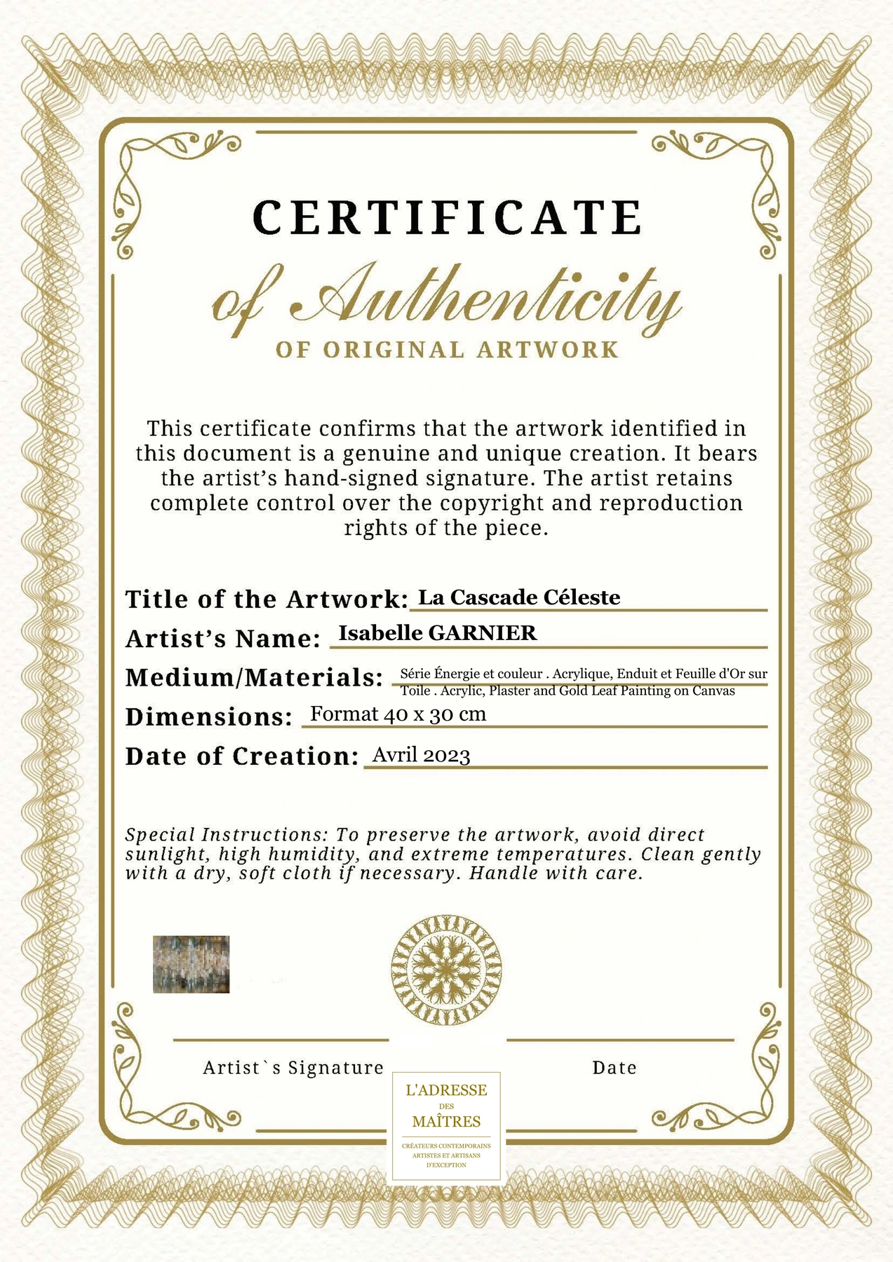Certificat d'authenticité - La Cascade Céleste - Isabelle GARNIER