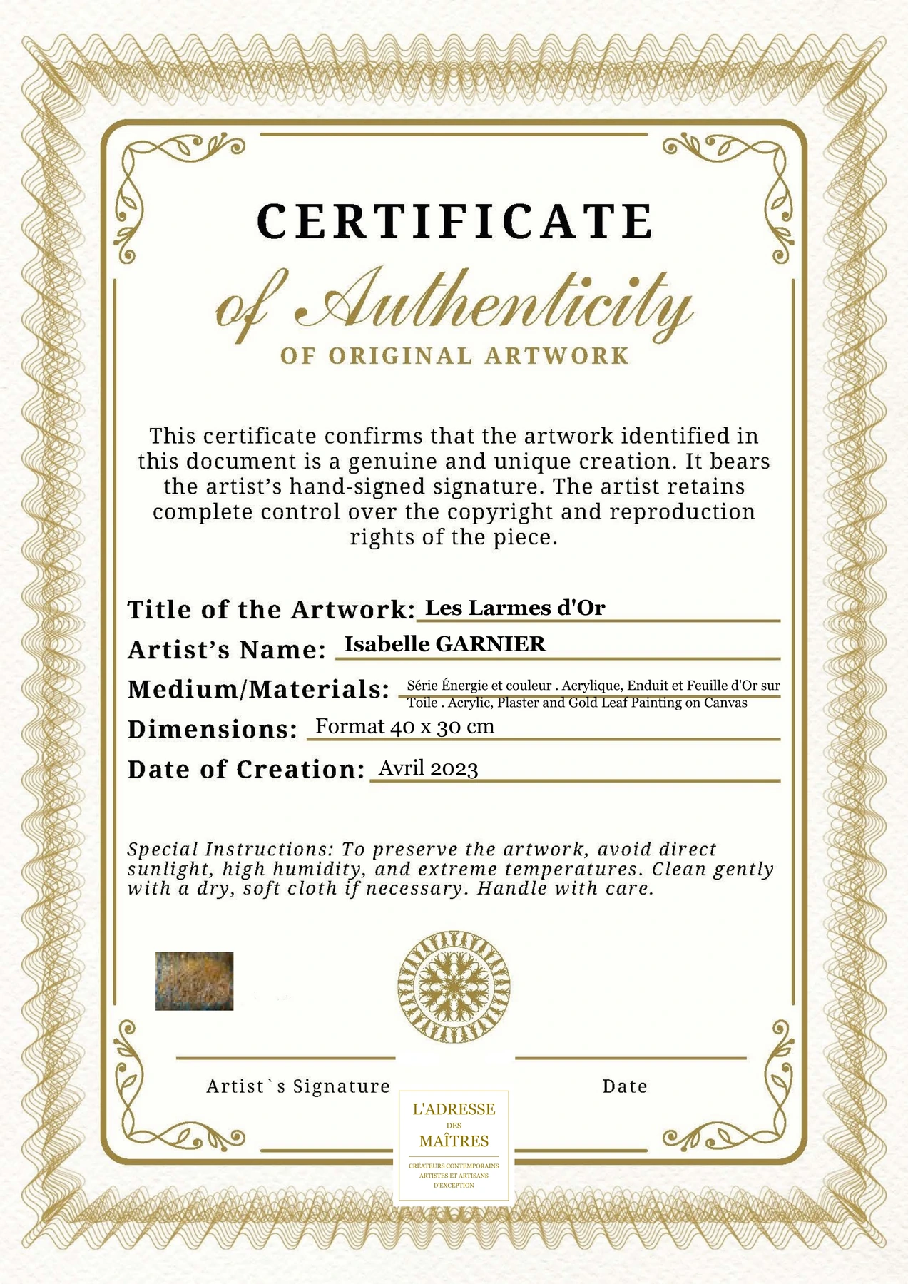 Certificat d'authenticité - Les Larmes d'Or - Isabelle GARNIER
