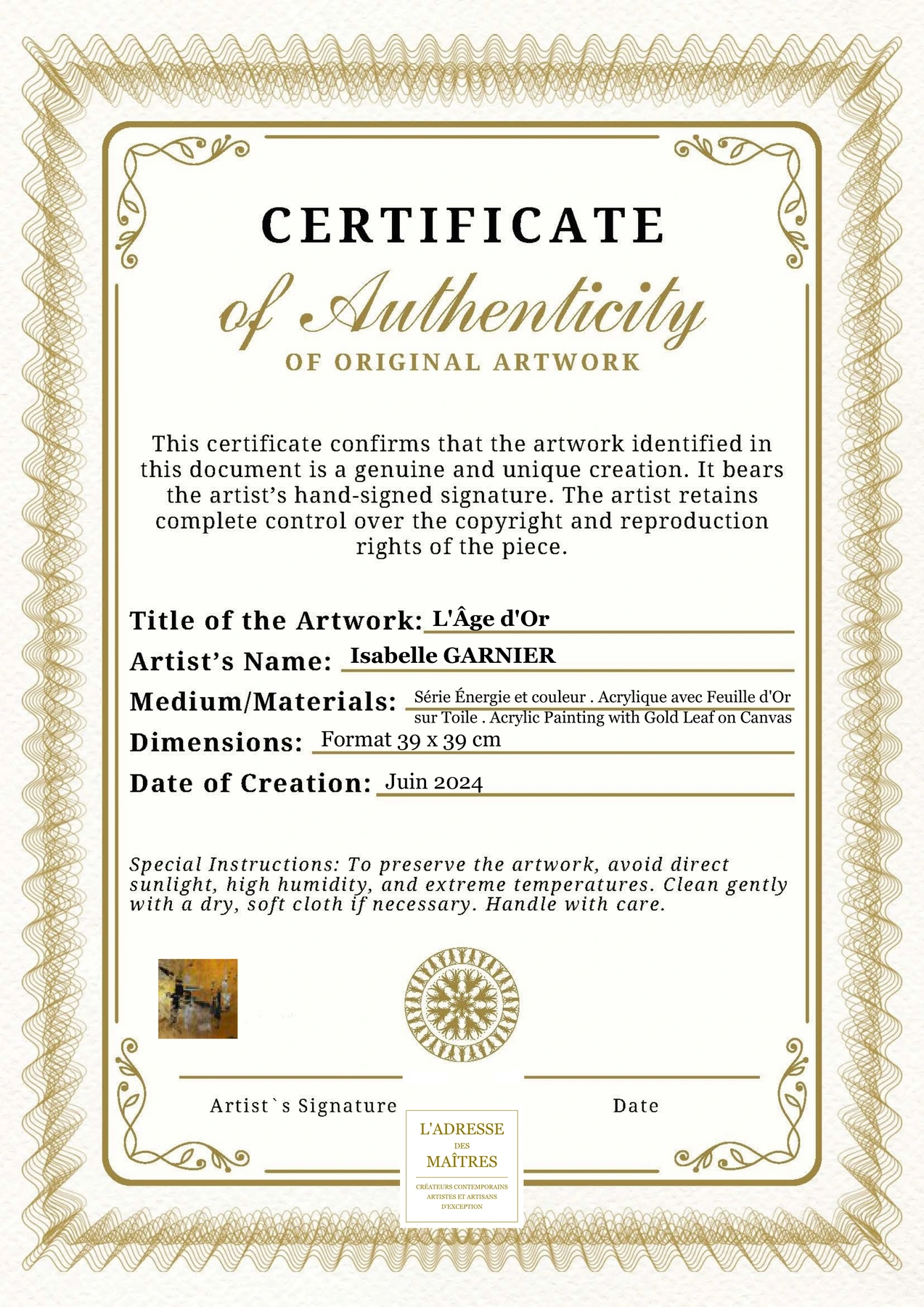 Certificat d'authenticité - L'Âge d'Or - Isabelle GARNIER