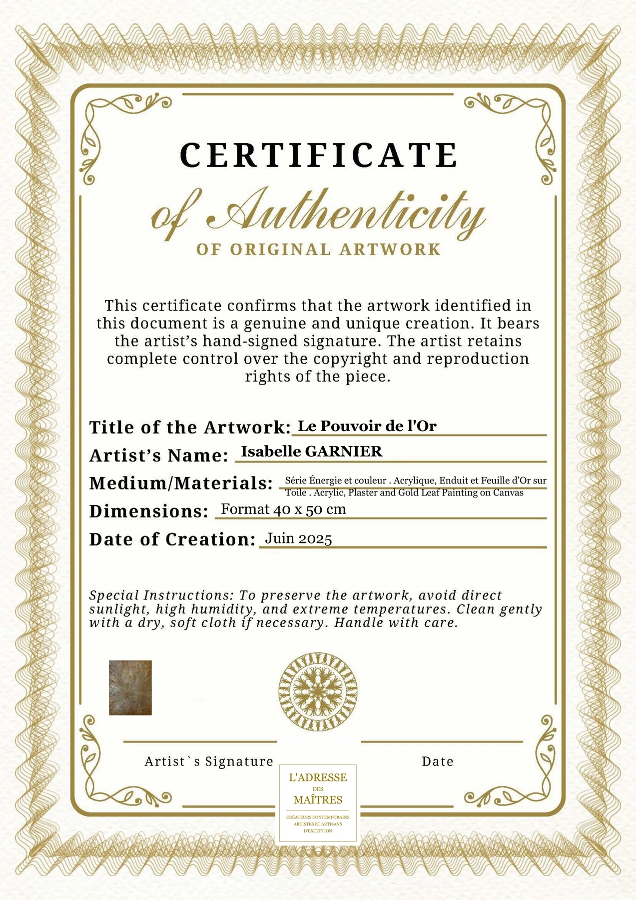 Certificat d'authenticité - Le Pouvoir de l'Or - Isabelle GARNIER