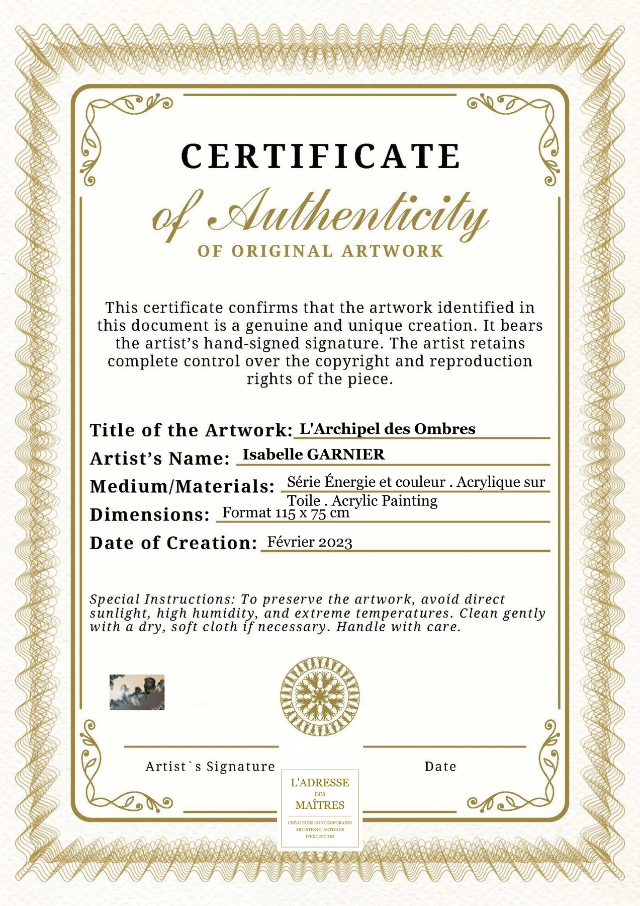 Certificat d'authenticité - L'Archipel des Ombres - Isabelle GARNIER