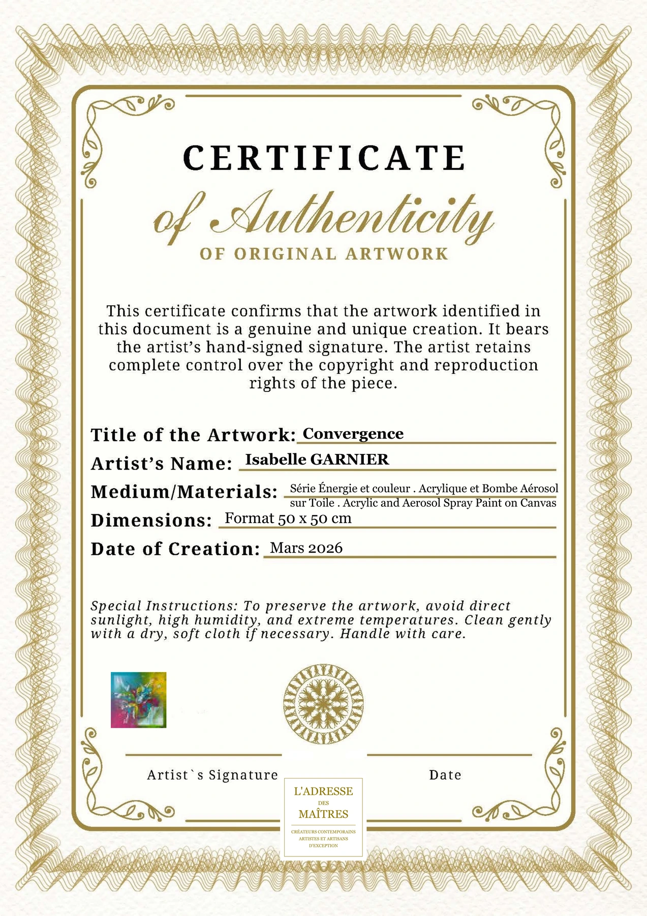 Certificat d'authenticité - Convergence - Isabelle GARNIER