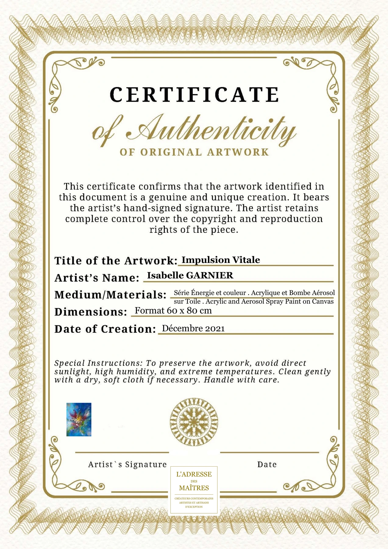 Certificat d'authenticité - Impulsion Vitale - Isabelle GARNIER