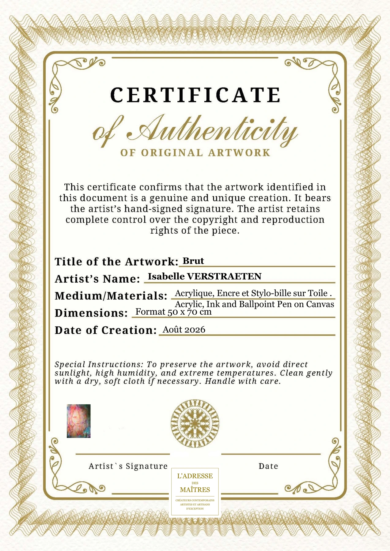 Certificat d'authenticité - Brut - Isabelle VERSTRAETEN