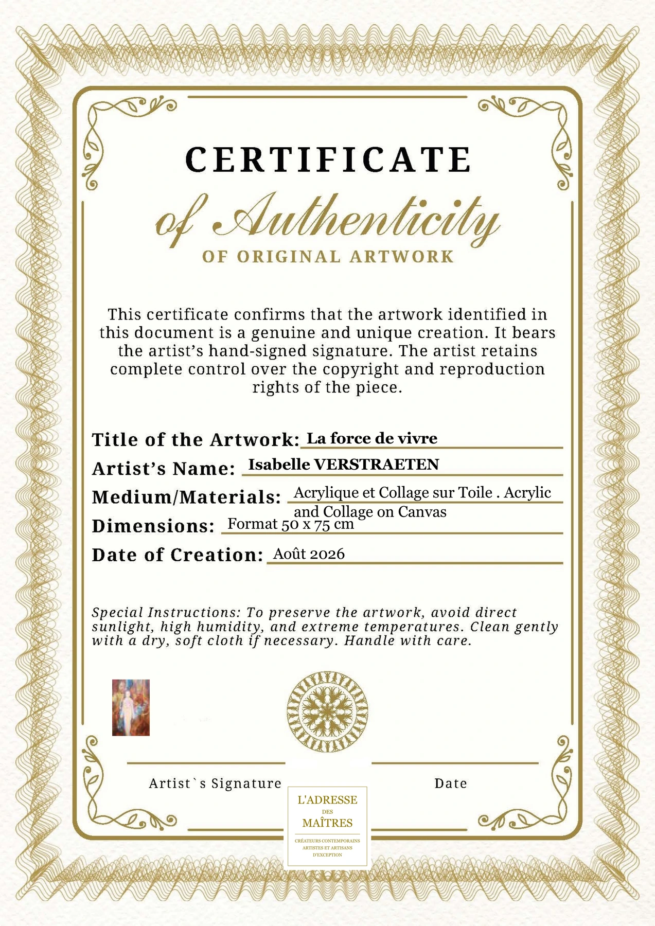 Certificat d'authenticité - La force de vivre - Isabelle VERSTRAETEN