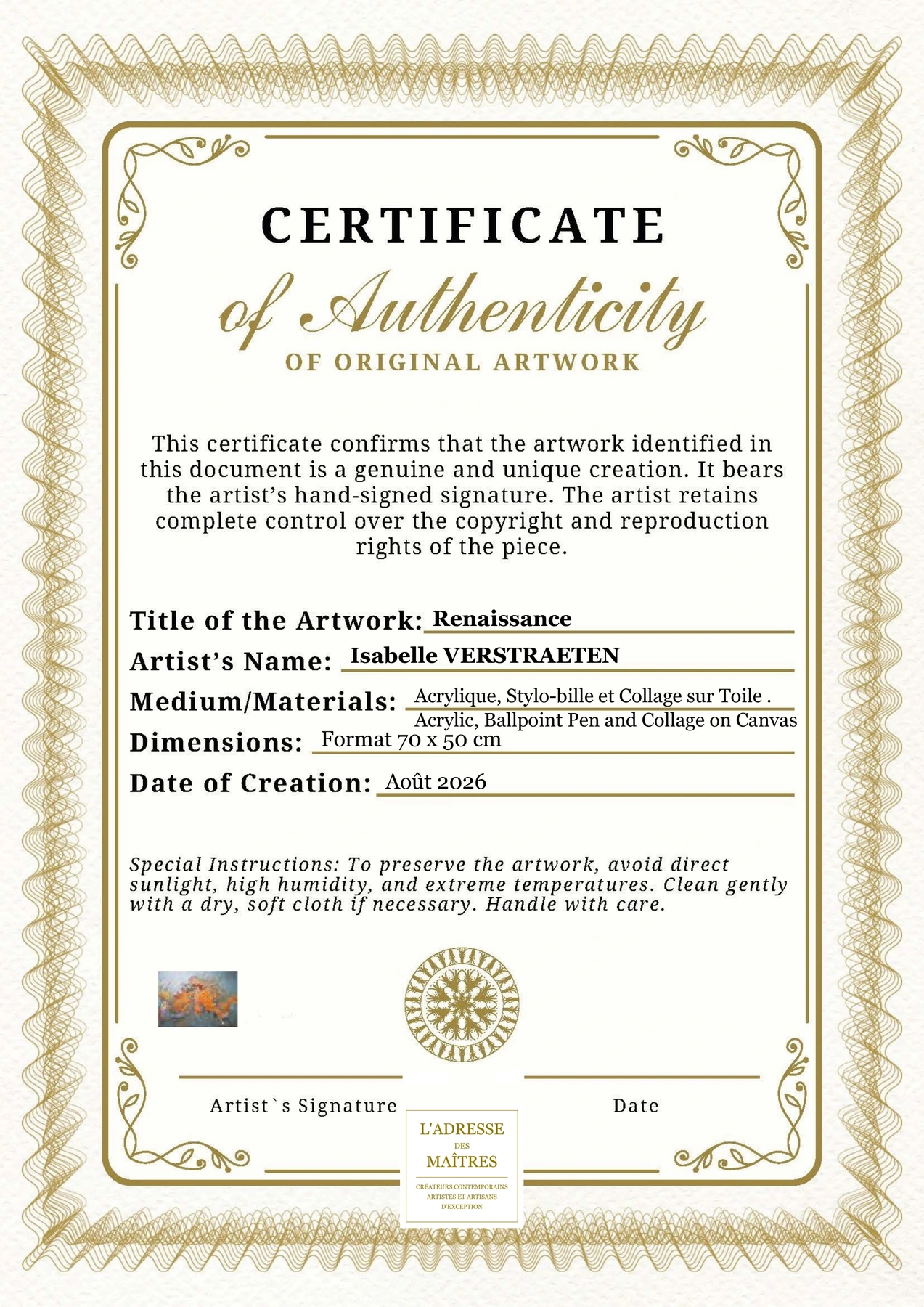 Certificat d'authenticité - Renaissance - Isabelle VERSTRAETEN