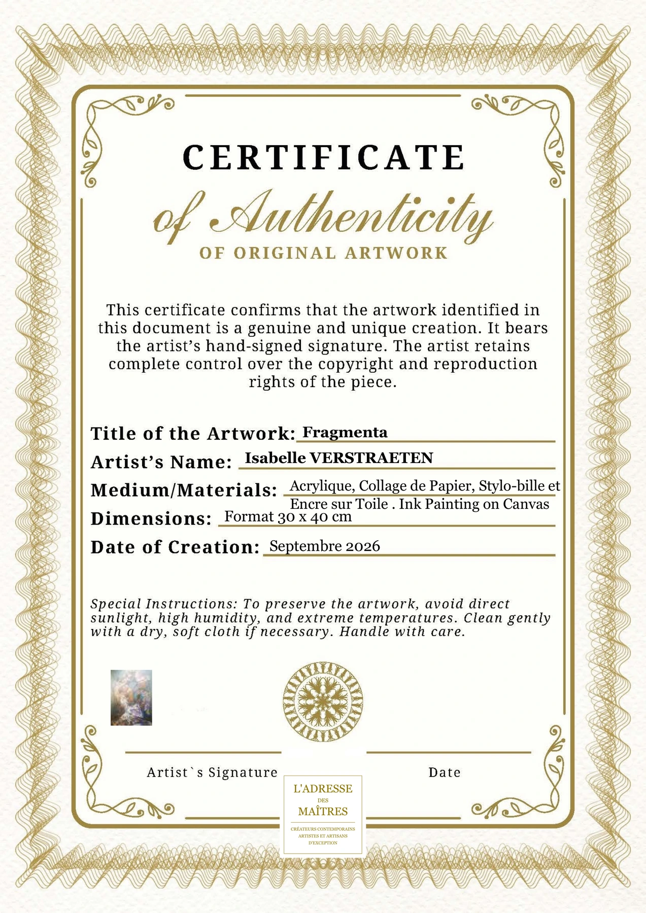 Certificat d'authenticité - Fragmenta - Isabelle VERSTRAETEN