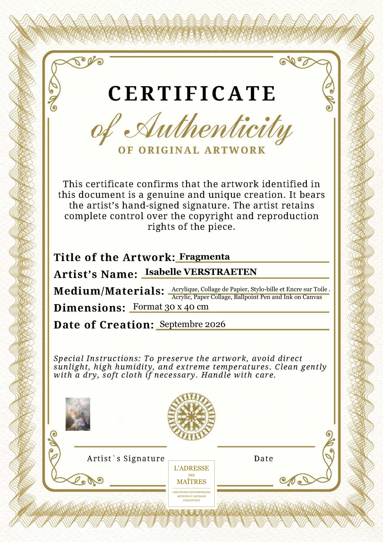 Certificat d'authenticité - Fragmenta - Isabelle VERSTRAETEN