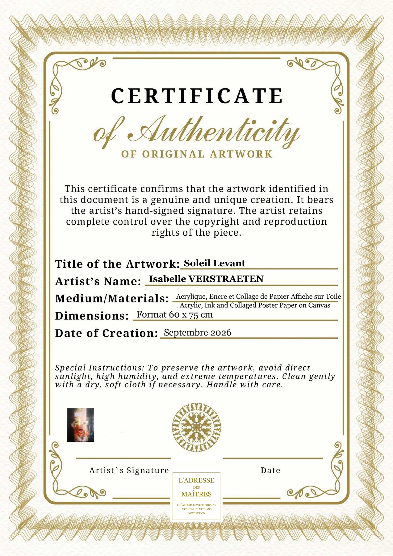 Certificat d'authenticité - Soleil Levant - Isabelle VERSTRAETEN