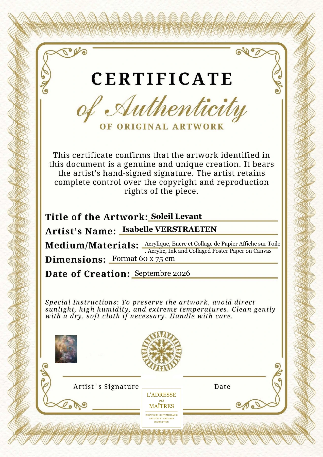 Certificat d'authenticité - Soleil Levant - Isabelle VERSTRAETEN