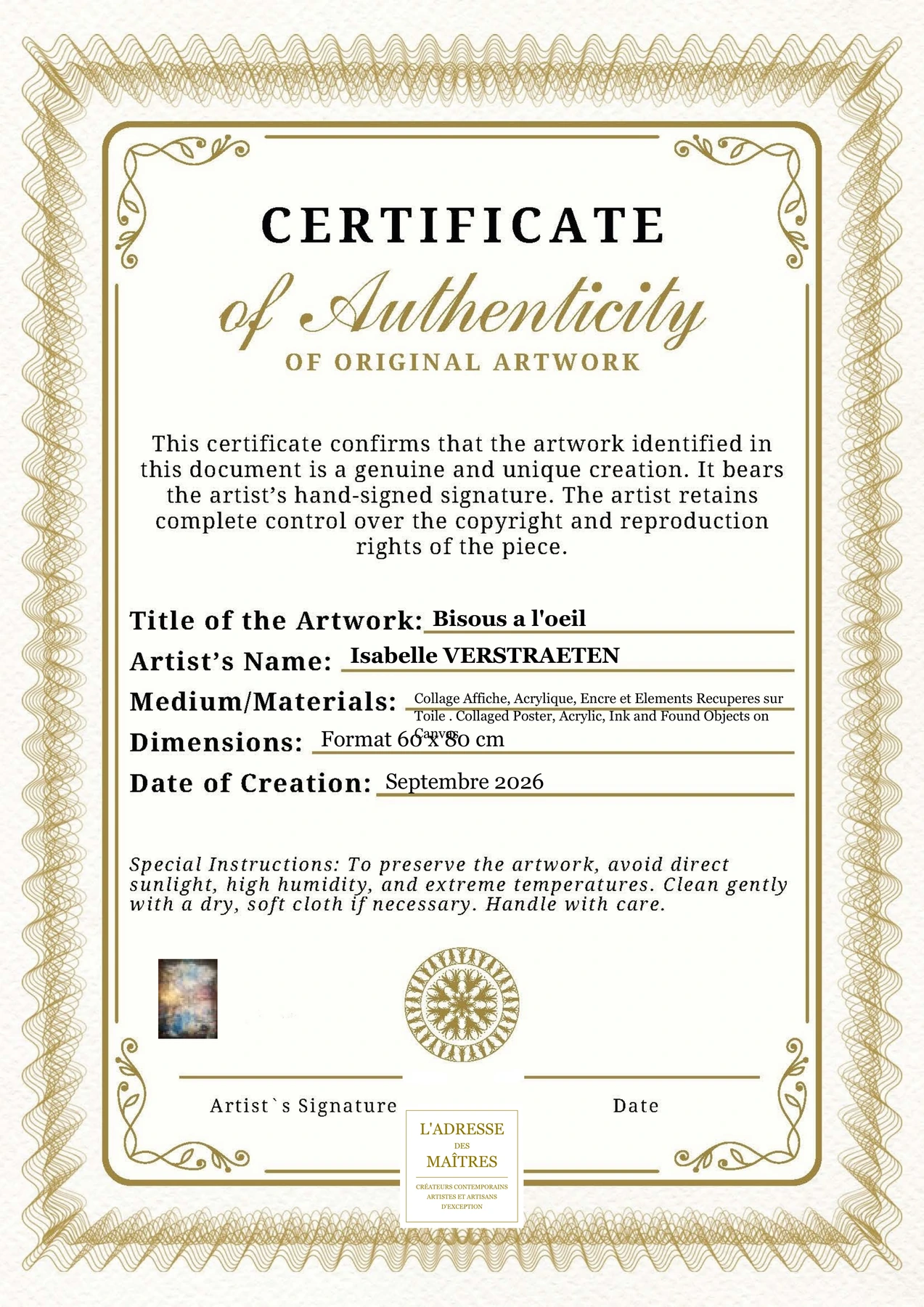 Certificat d'authenticité - Bisous a l'oeil - Isabelle VERSTRAETEN