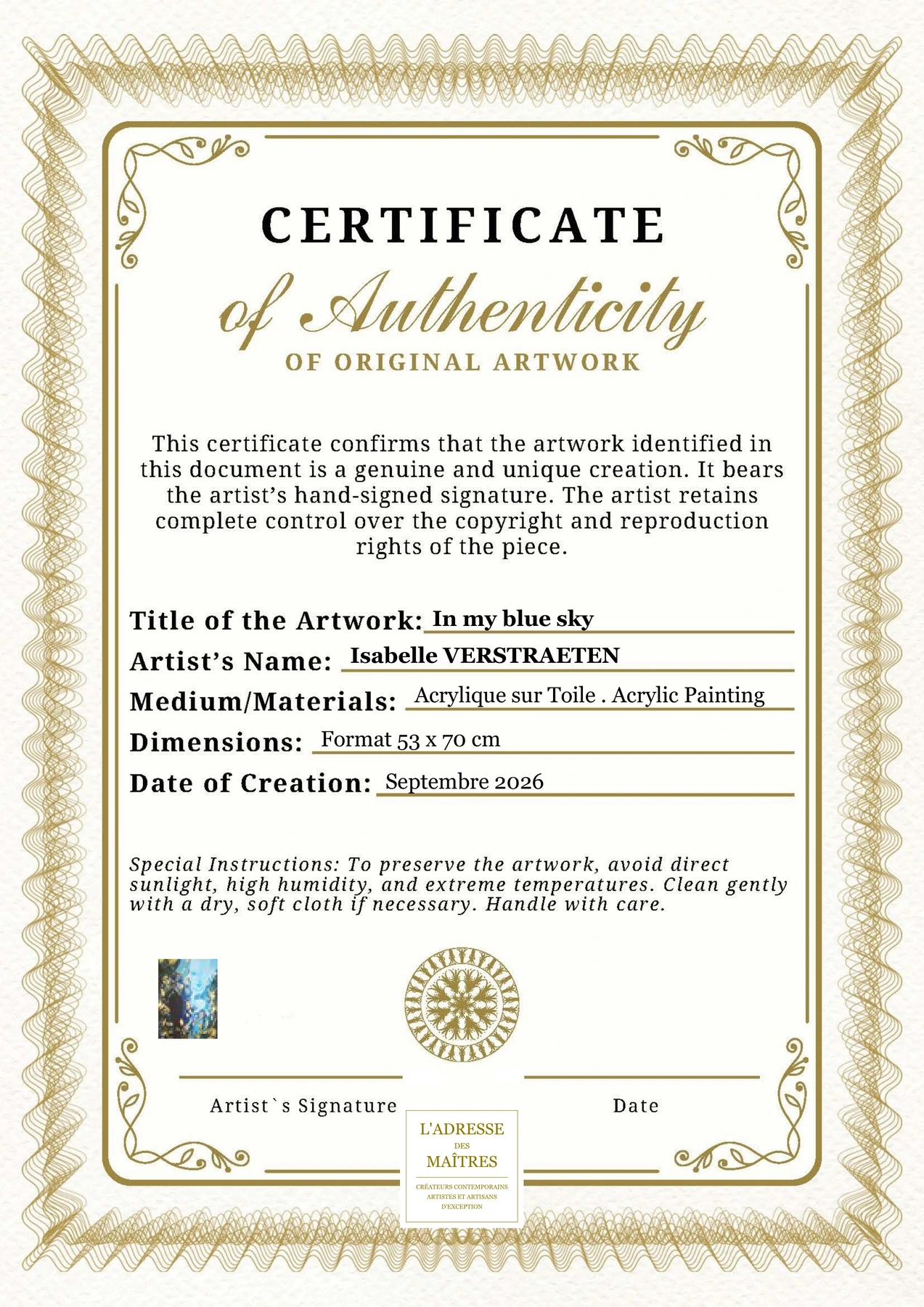 Certificat d'authenticité - In my blue sky - Isabelle VERSTRAETEN