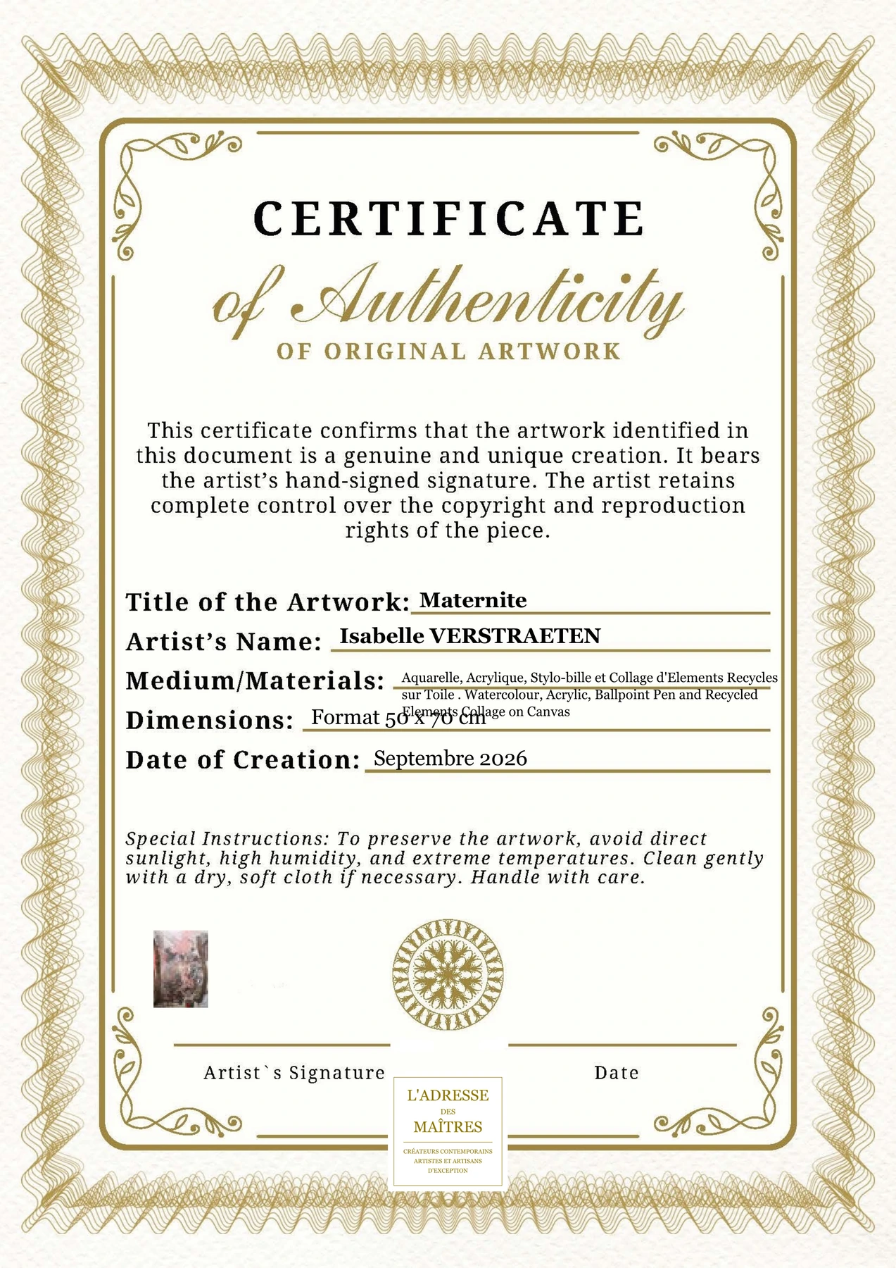 Certificat d'authenticité - Maternite - Isabelle VERSTRAETEN
