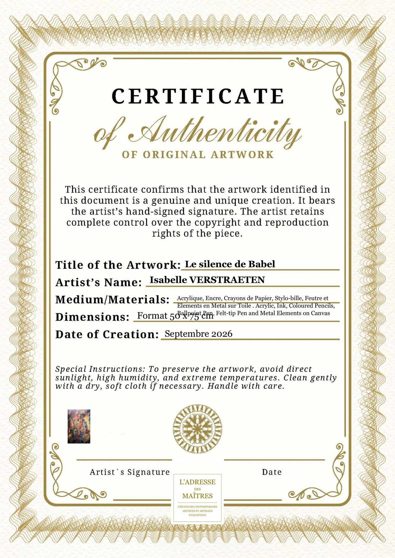 Certificat d'authenticité - Le silence de Babel - Isabelle VERSTRAETEN