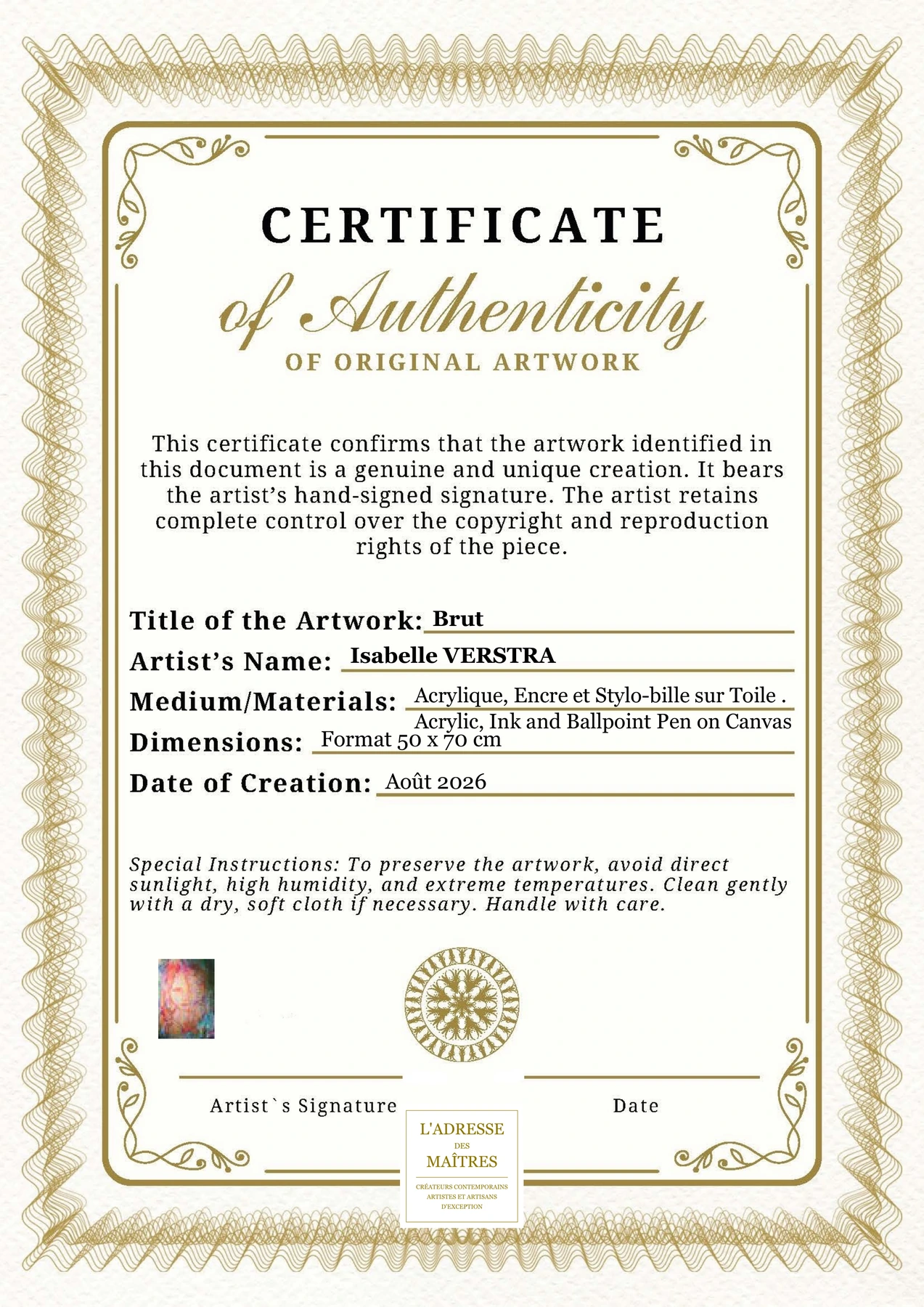 Certificat d'authenticité - Brut - Isabelle VERSTRA
