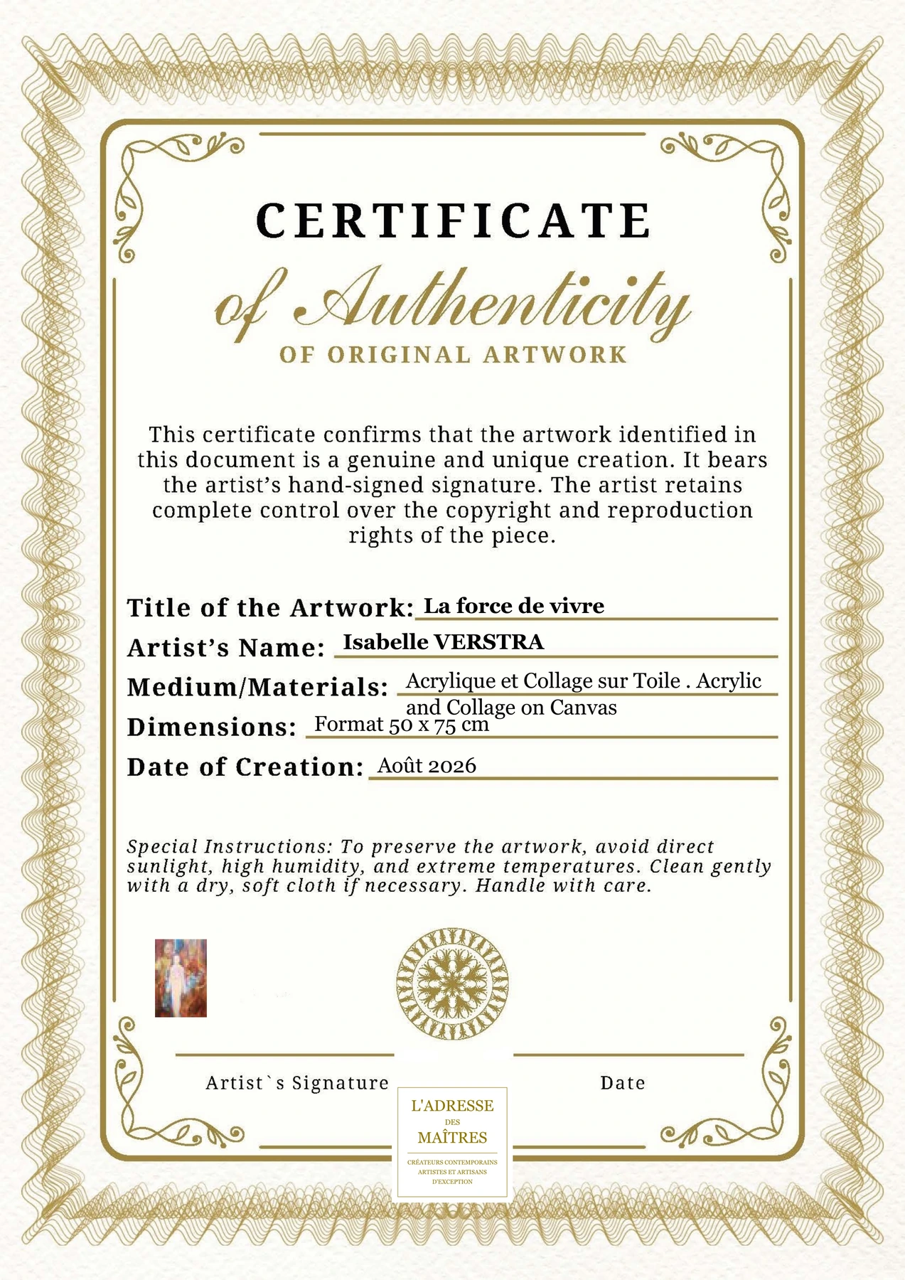 Certificat d'authenticité - La force de vivre - Isabelle VERSTRA