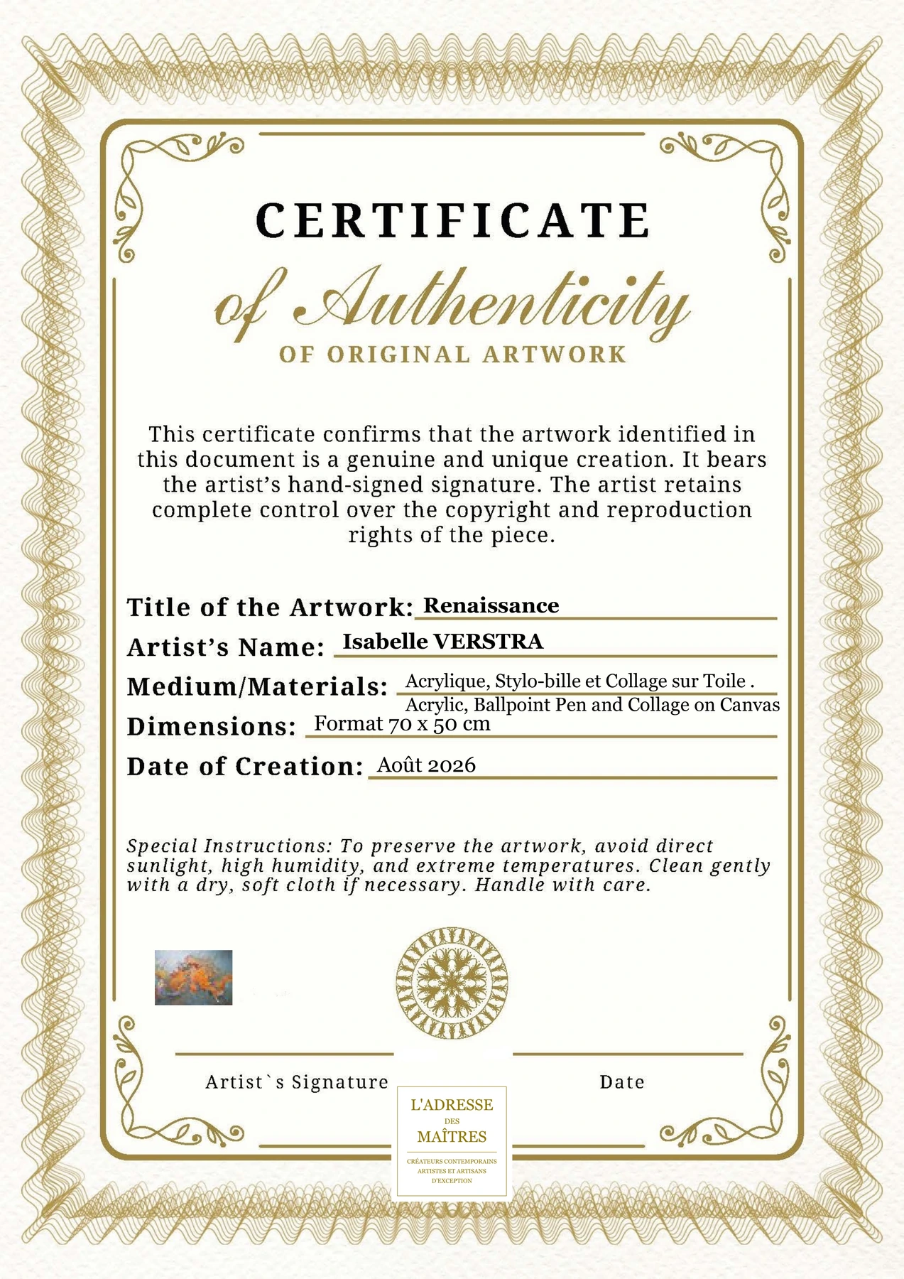 Certificat d'authenticité - Renaissance - Isabelle VERSTRA