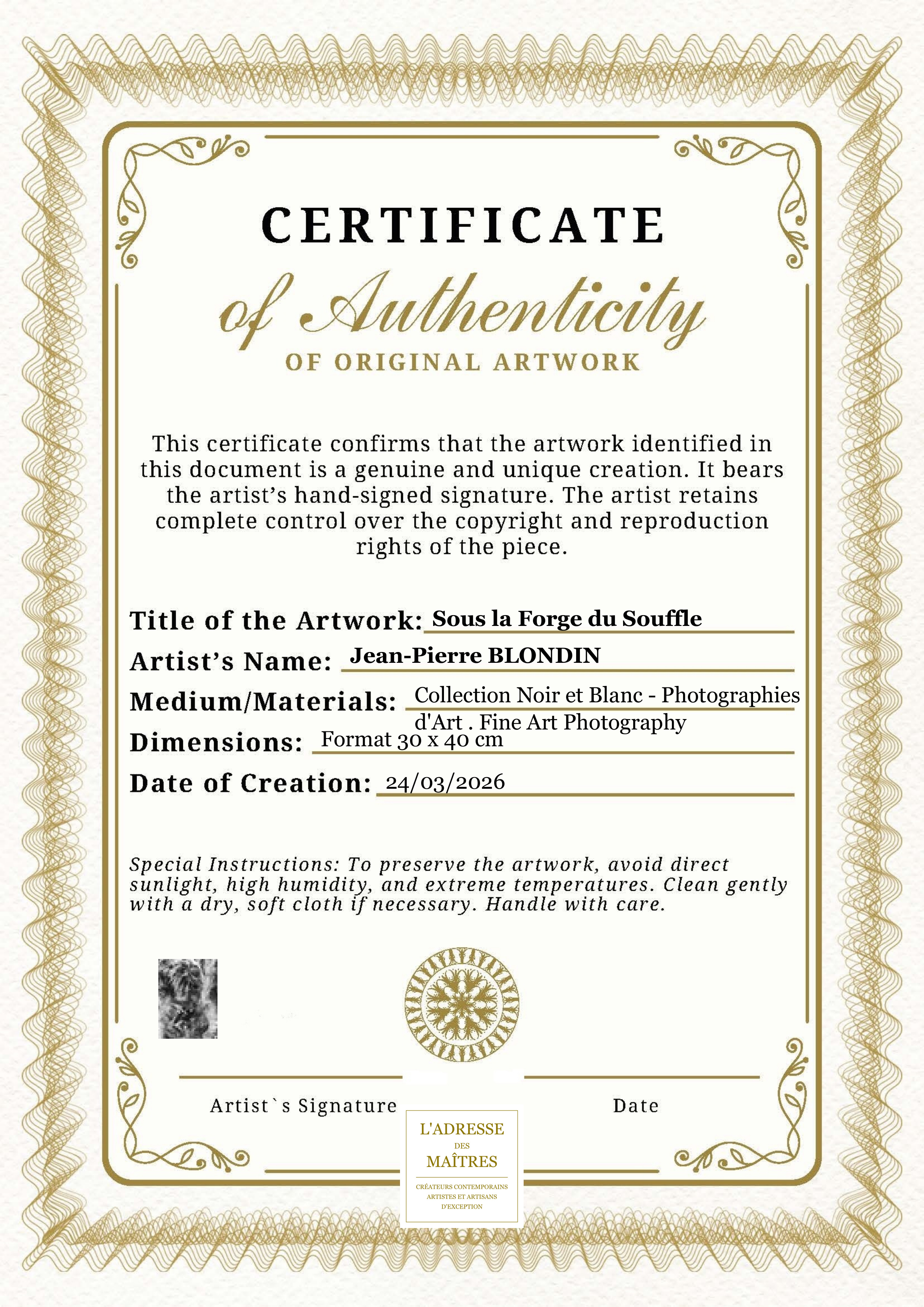 Certificado de autenticidad — Sous la Forge du Souffle — Jean-Pierre BLONDIN