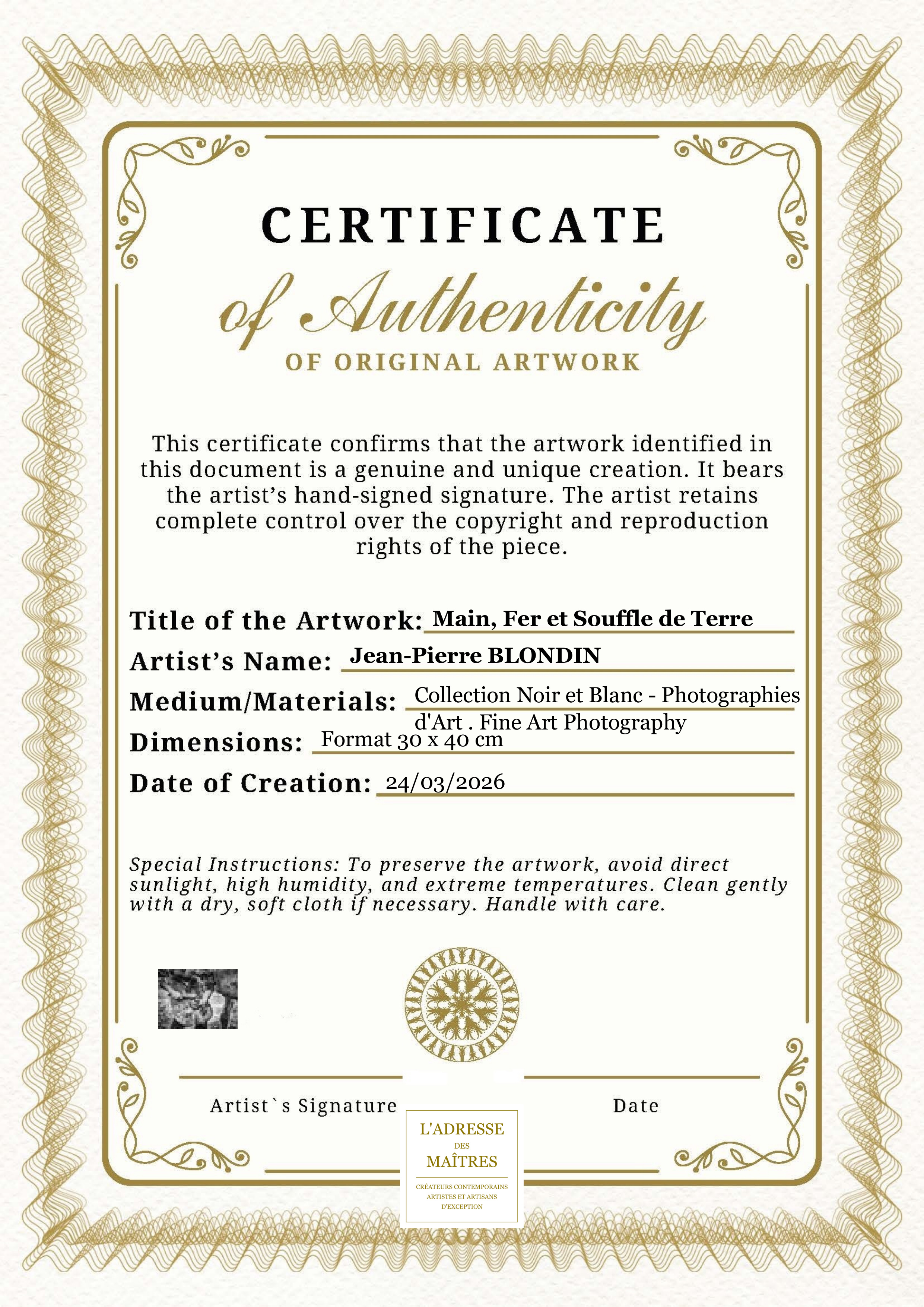 Certificat d'authenticité — Main, Fer et Souffle de Terre — Jean-Pierre BLONDIN