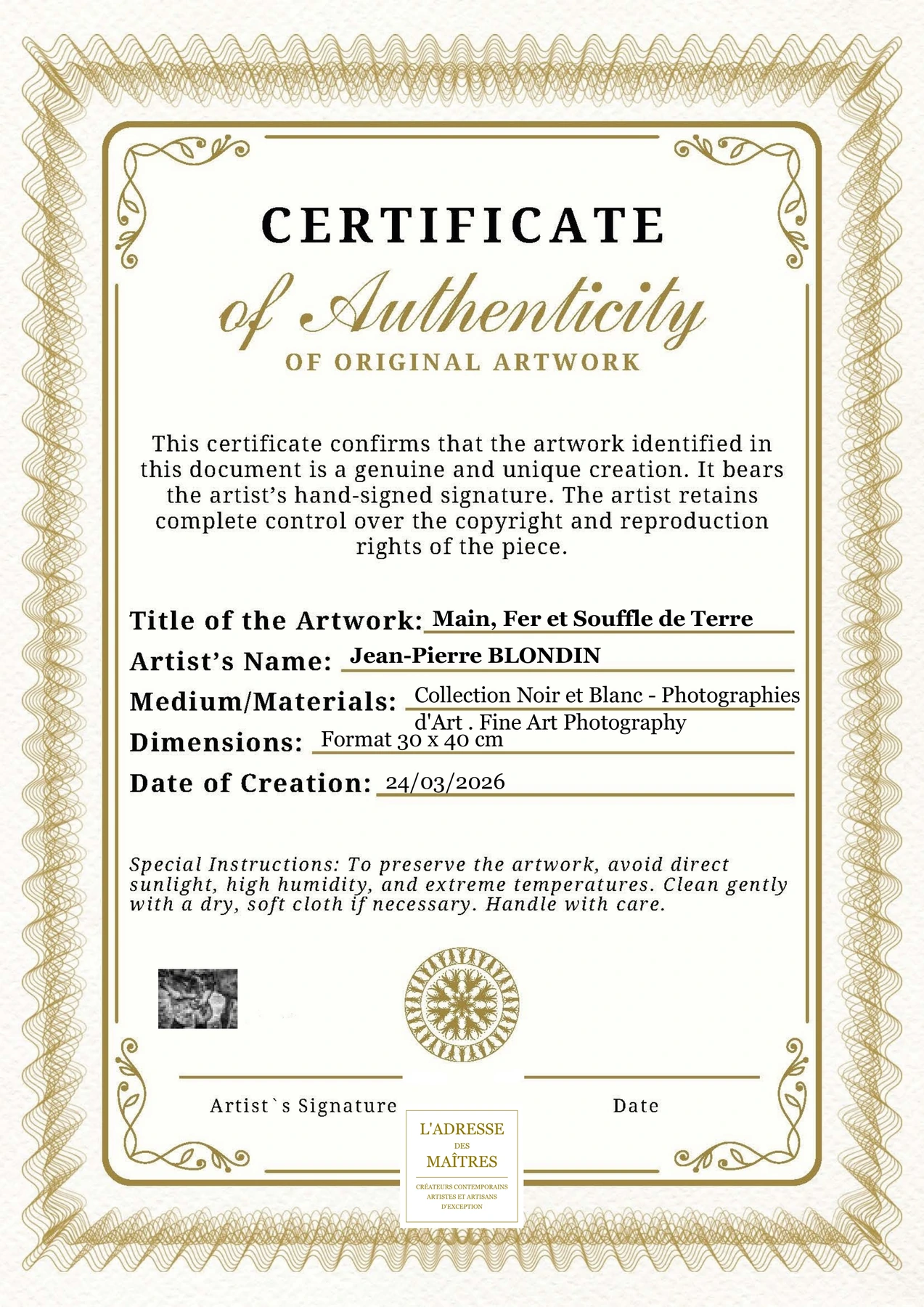 Certificat d'authenticité - Main, Fer et Souffle de Terre - Jean-Pierre BLONDIN