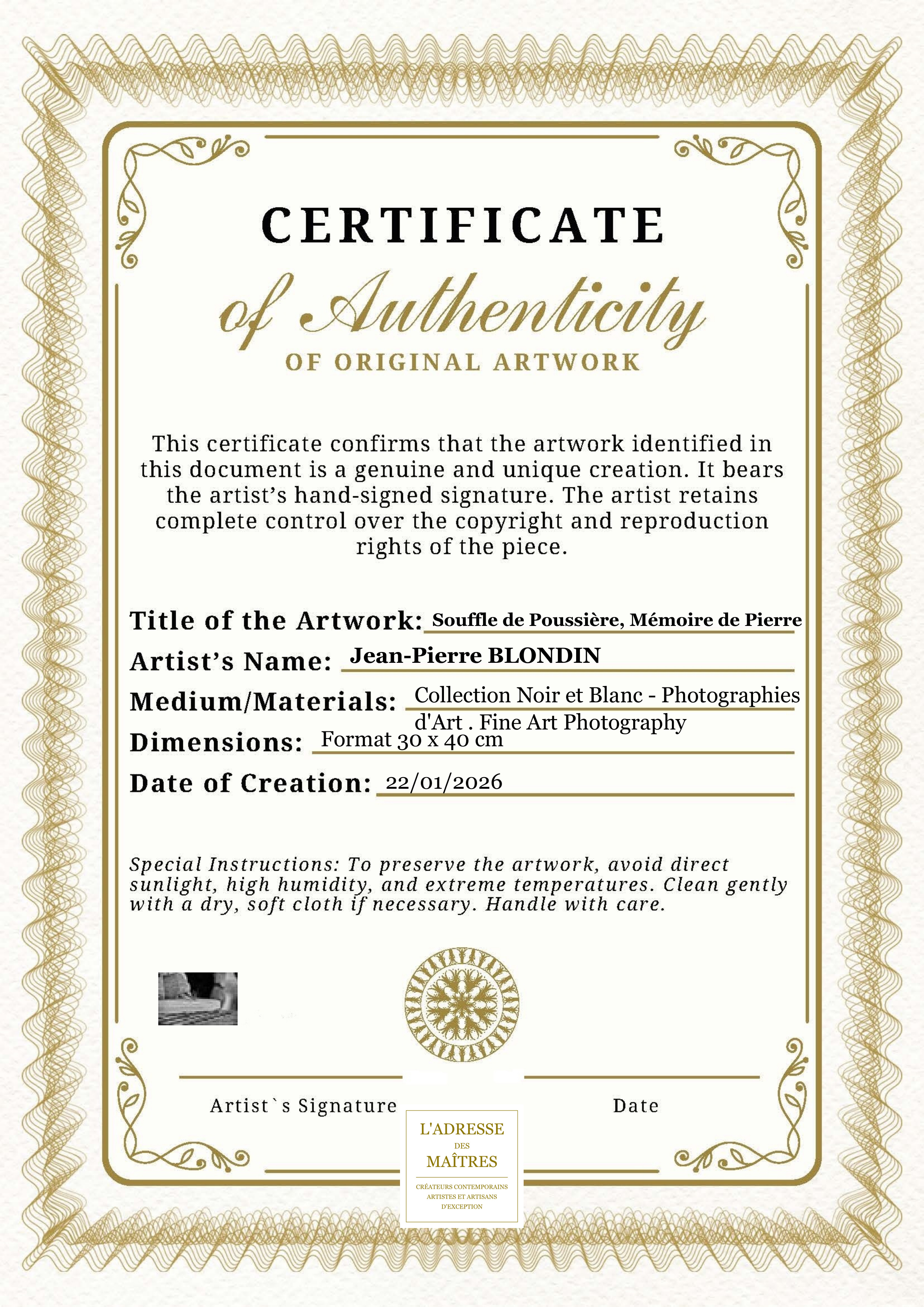 Certificat d'authenticité — Souffle de Poussière, Mémoire de Pierre — Jean-Pierre BLONDIN